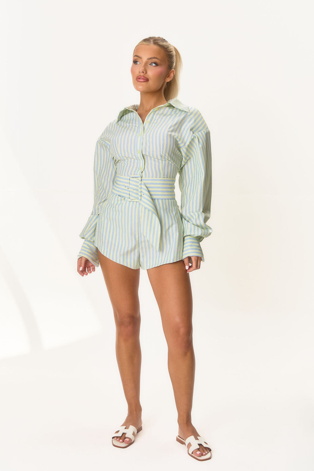 Shoulder Pad Cuff Detail Shirt - Lemon Pinstripe
