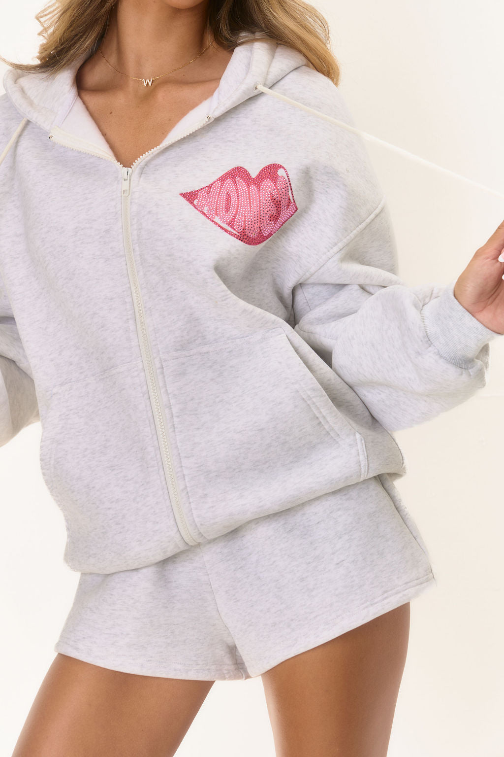 Graphic Rhinestone Zip Jacket - Marl Grey Honey