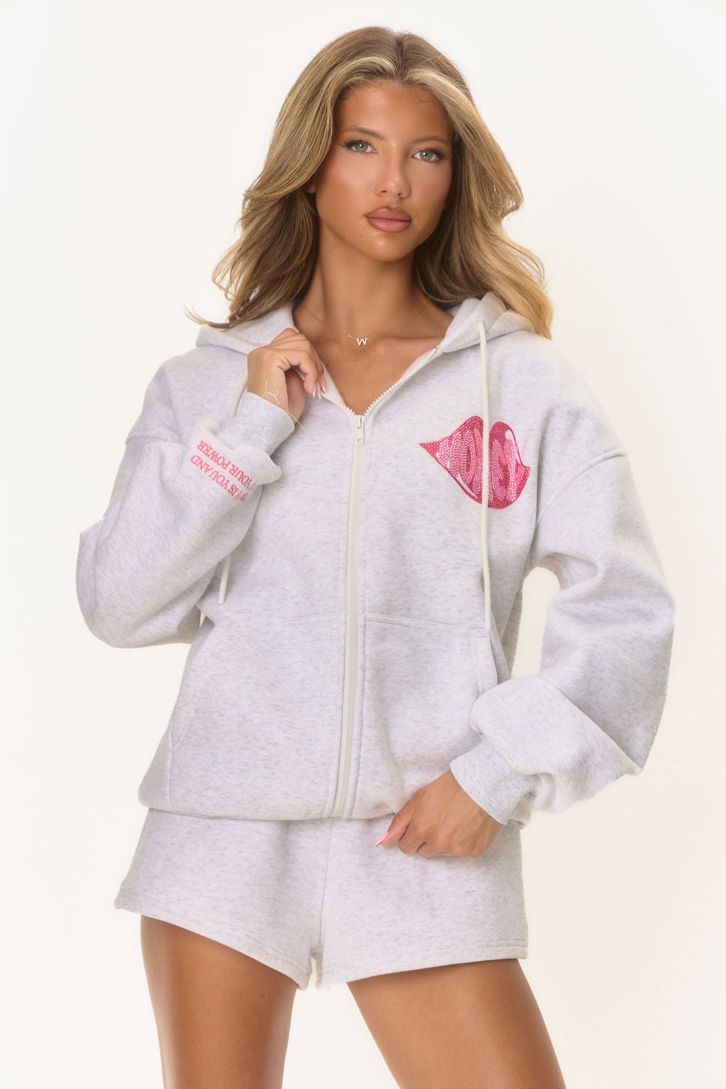Graphic Rhinestone Zip Jacket - Marl Grey Honey