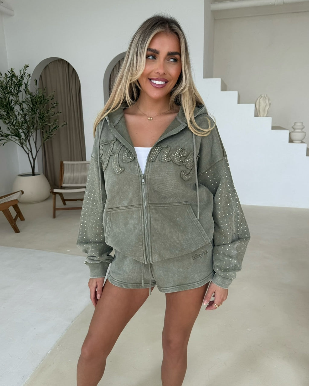 THH Rhinestone Zip Jacket - ‘Honey’ Khaki