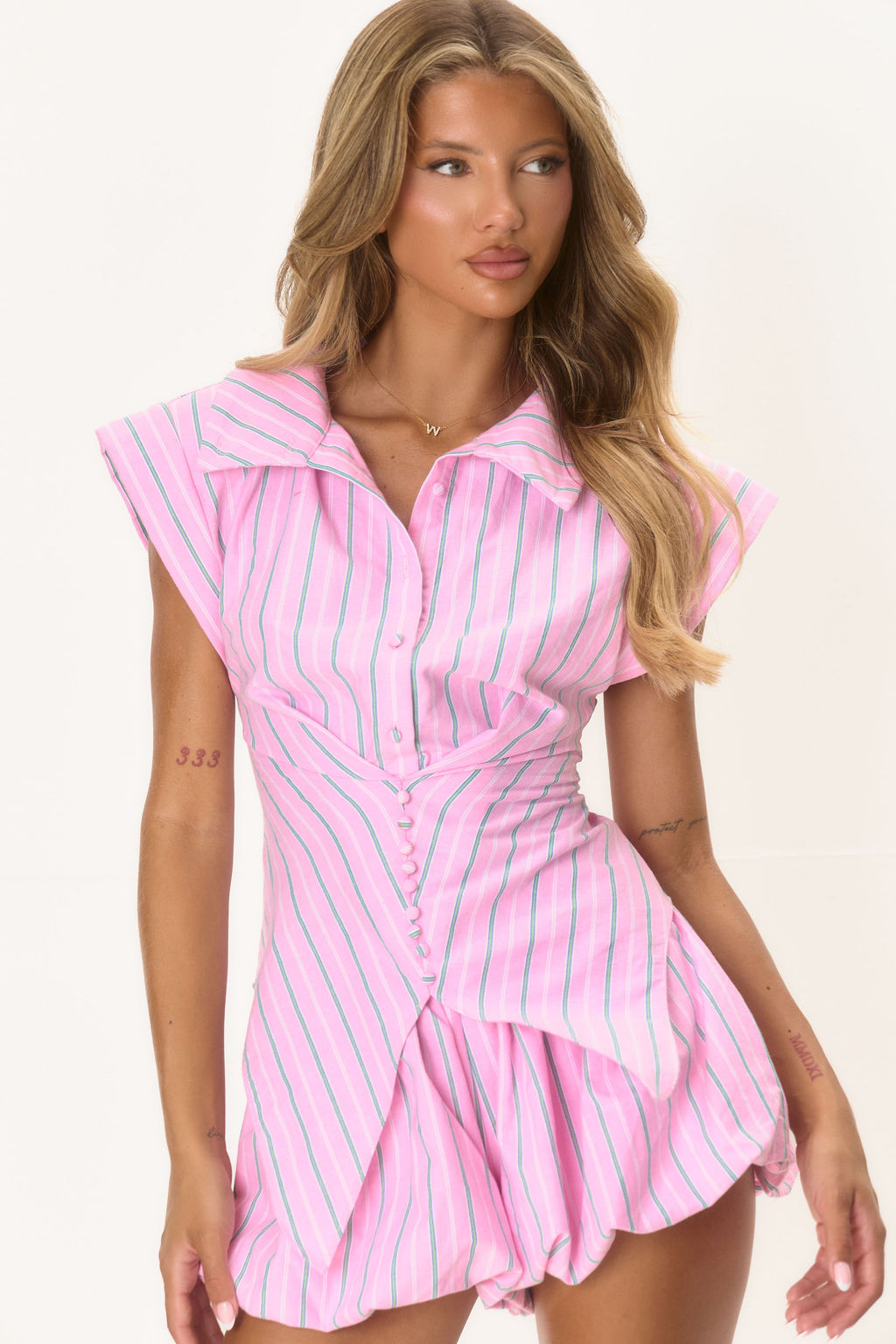 Cinch Waist Sleeveless Shirt - Pink Pinstripe