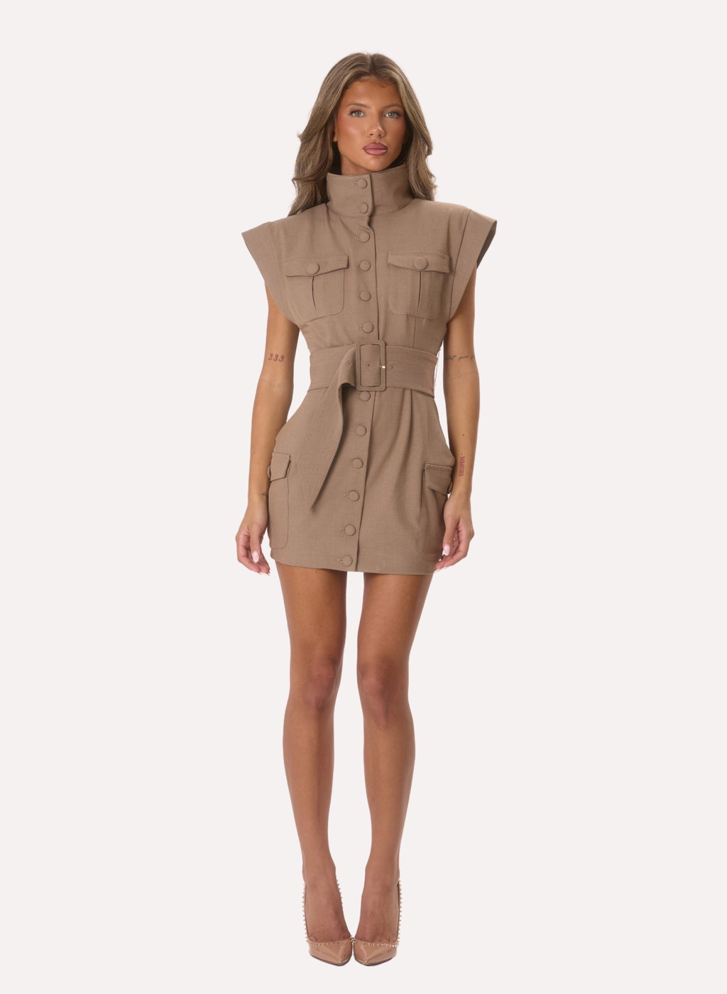 Mabel' Cinch Waist Utility Dress - Beige