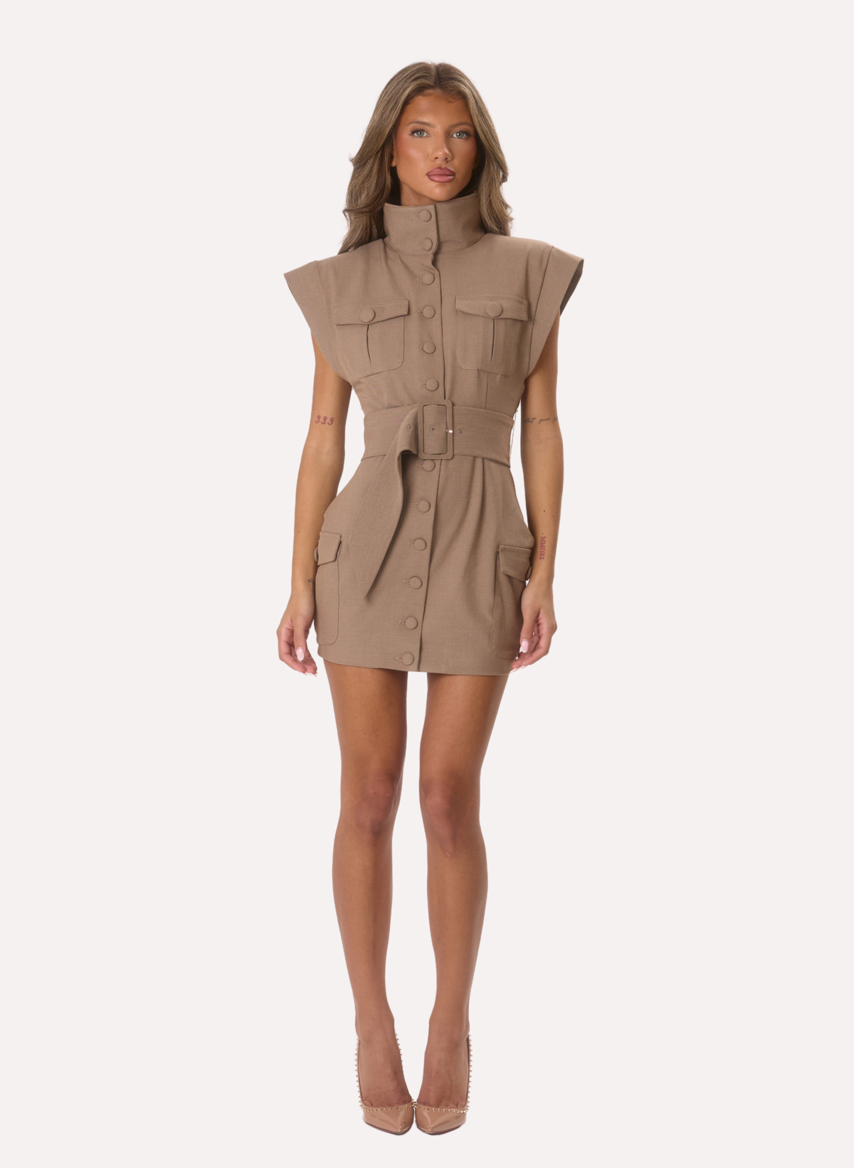Mabel' Cinch Waist Utility Dress - Beige