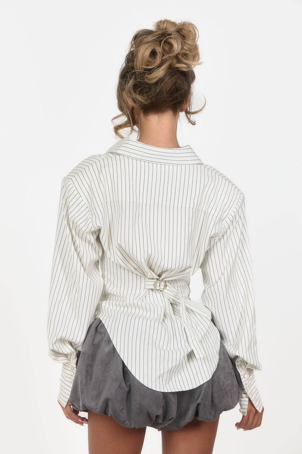 Cinch Waist Shoulder Pad Shirt - White Pinstripe