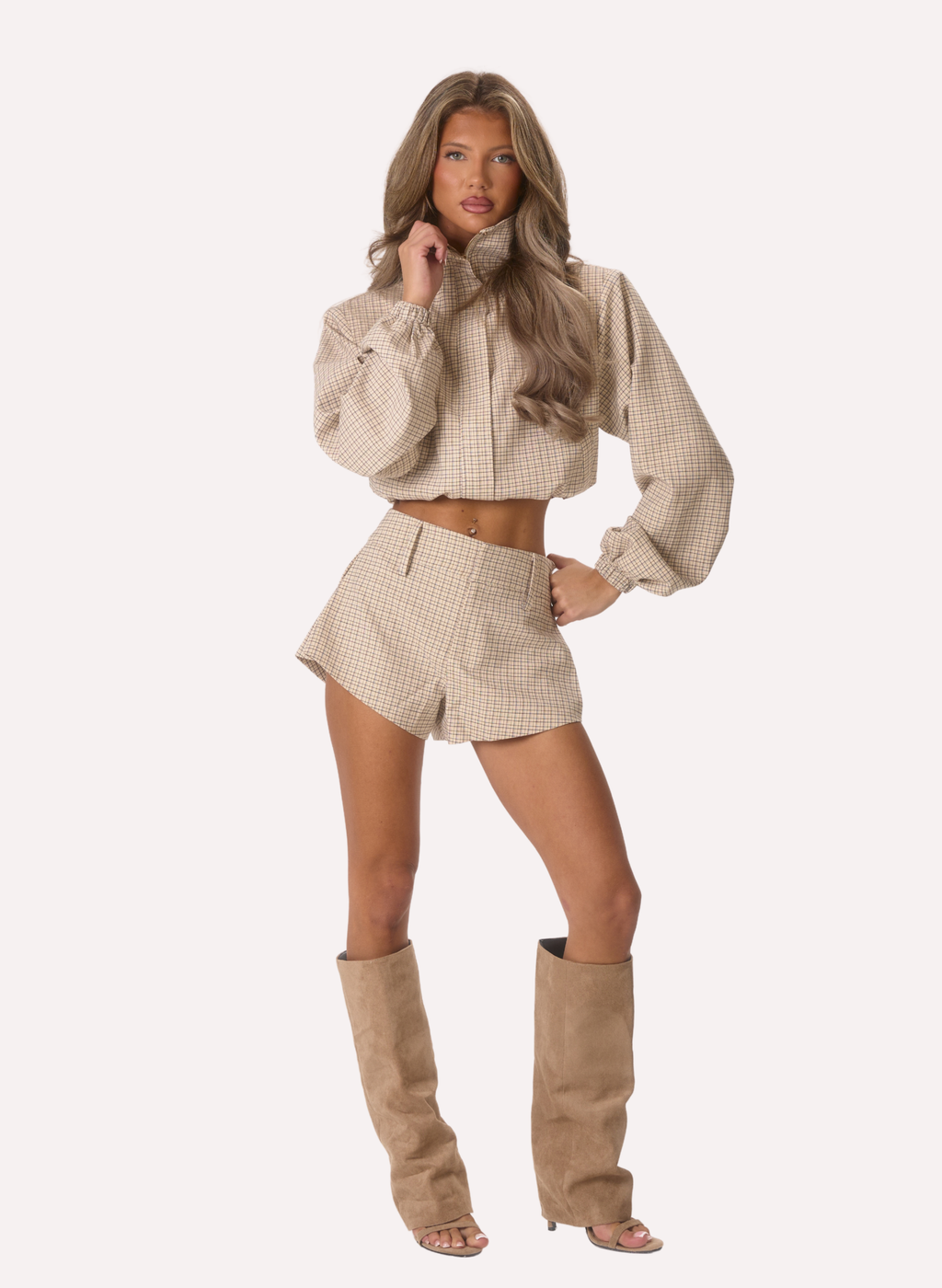 Raya' Funnel Neck Jacket - Cream/Black Check