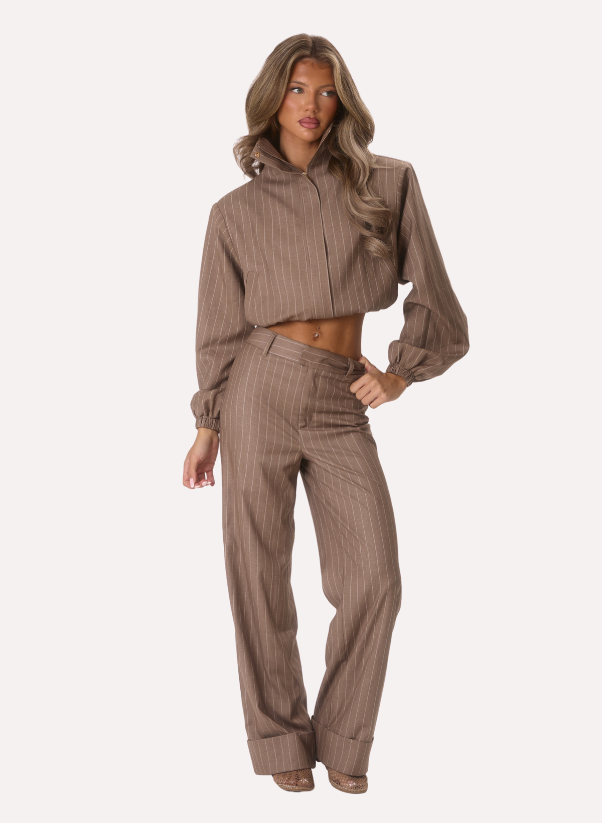 Raya' Funnel Neck Jacket - Beige Pinstripe