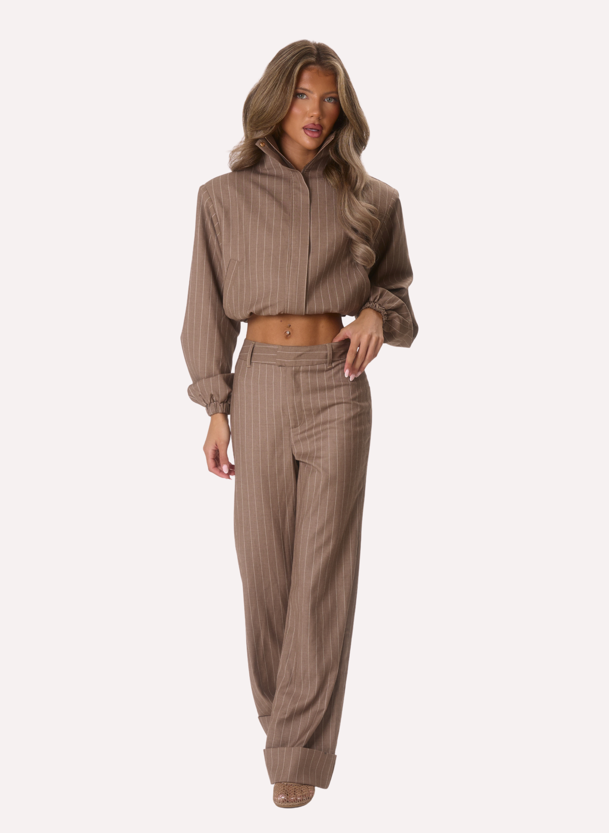Alba' Tailored Trouser - Beige Pinstripe