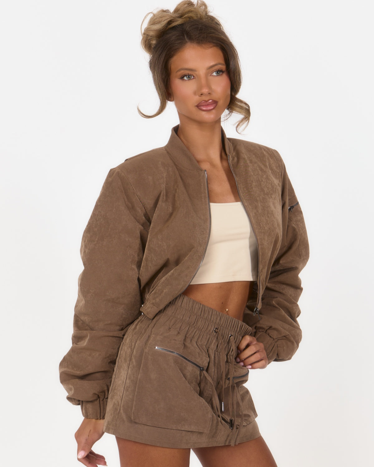 Shoulder Pad Bomber Jacket - Brown