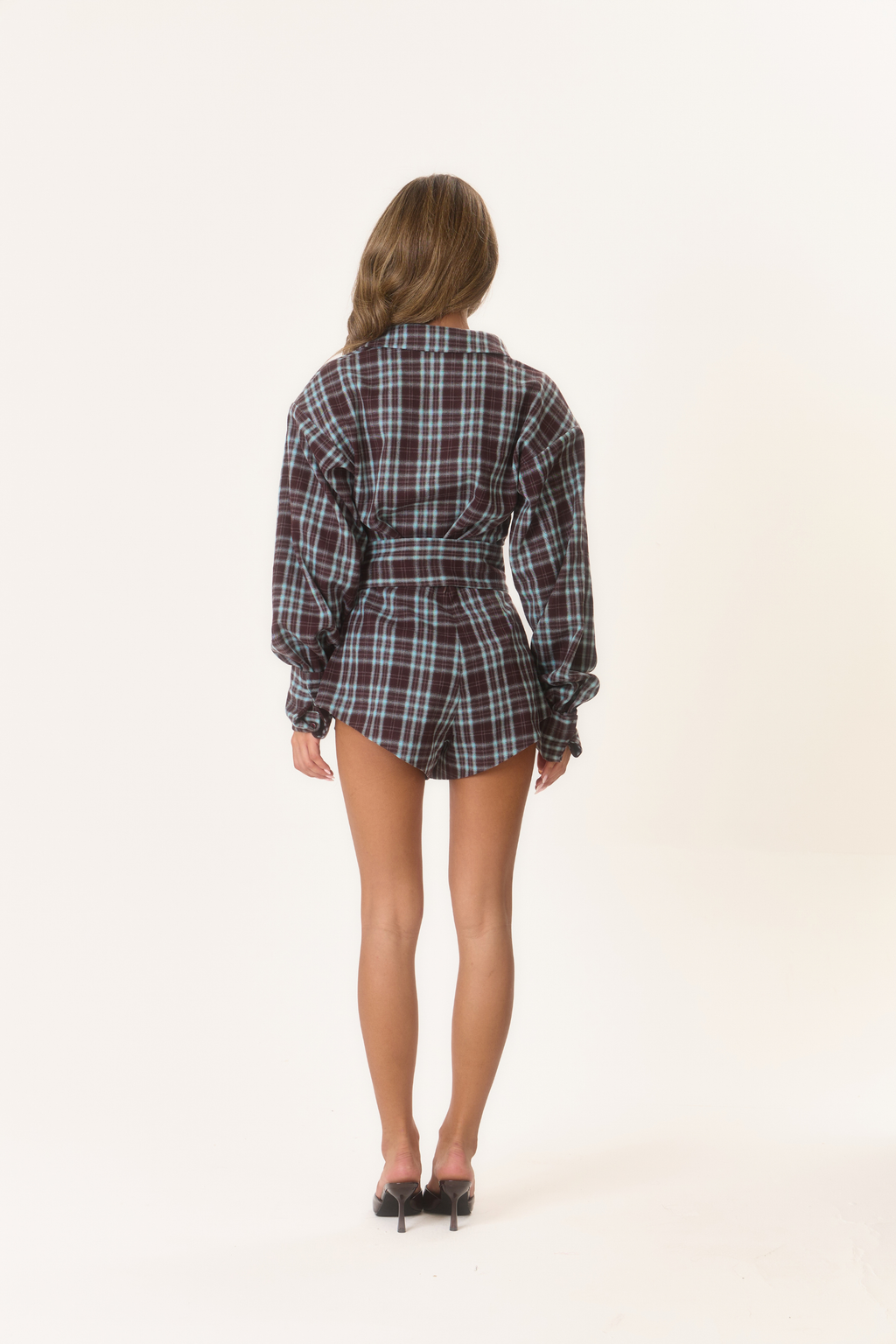 Nova' Belted Shorts - Maroon/Blue Check