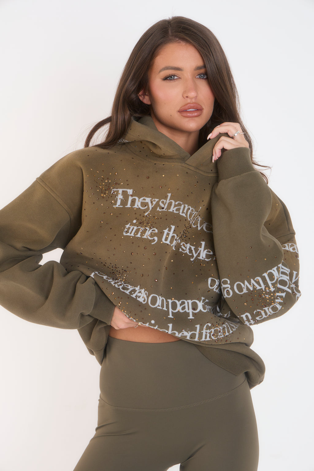 'Our Story' Rhinestone Hoodie - Khaki