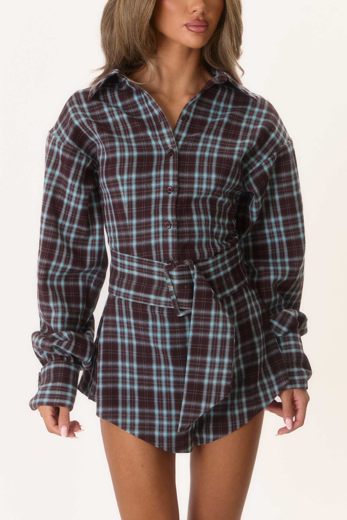 Nova' Belted Shorts - Maroon/Blue Check