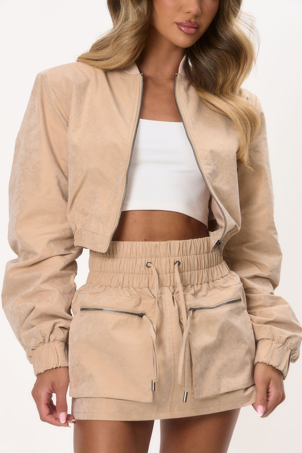 Shoulder Pad Bomber Jacket - Beige