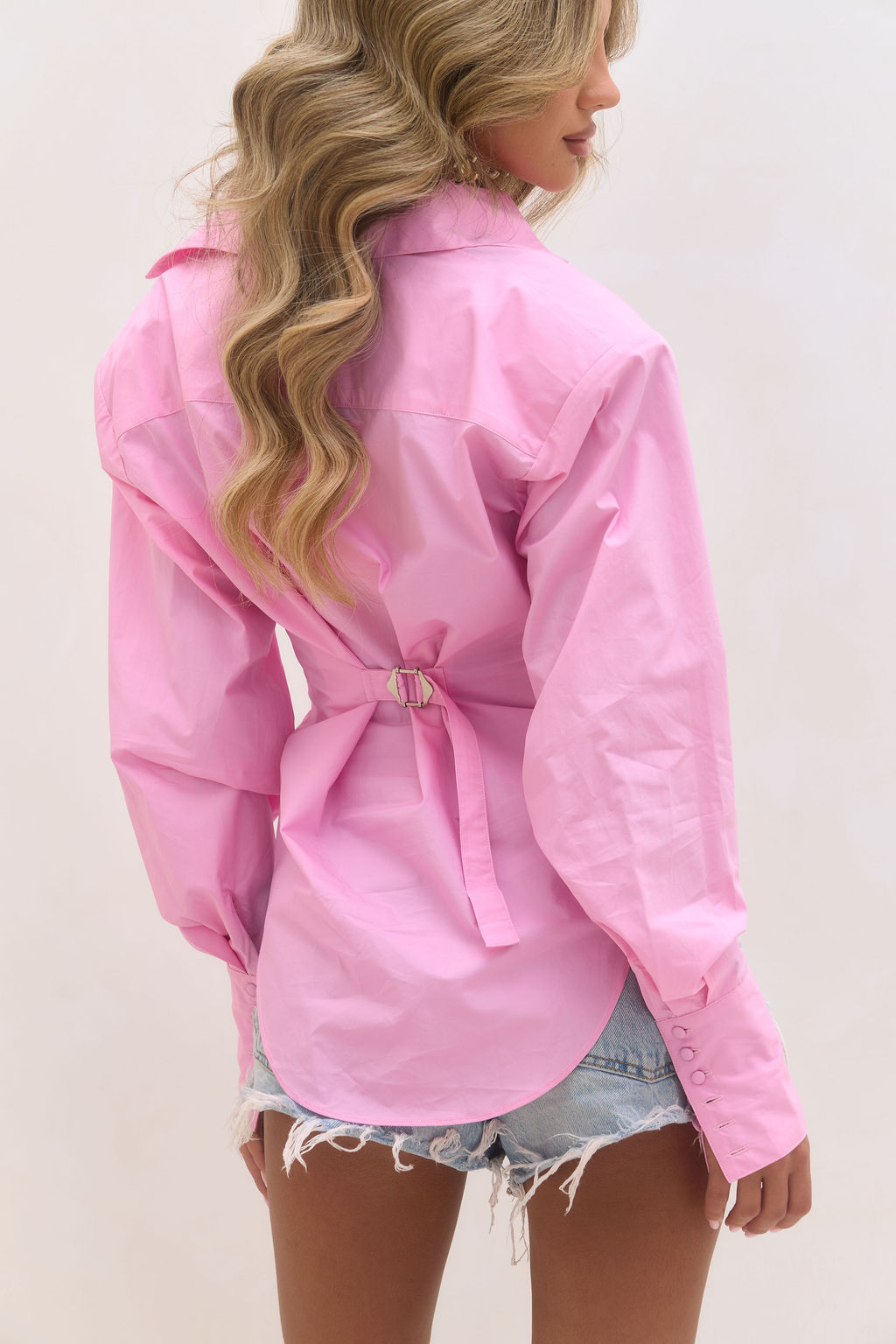 Cinch Waist Shoulder Pad Shirt - Pink