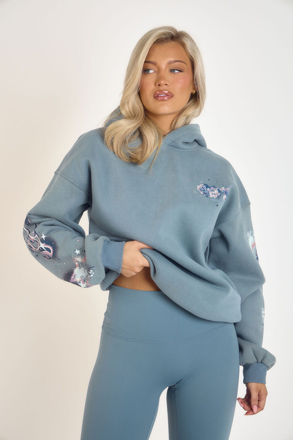 Graphic & Rhinestone Hoodie - Blue