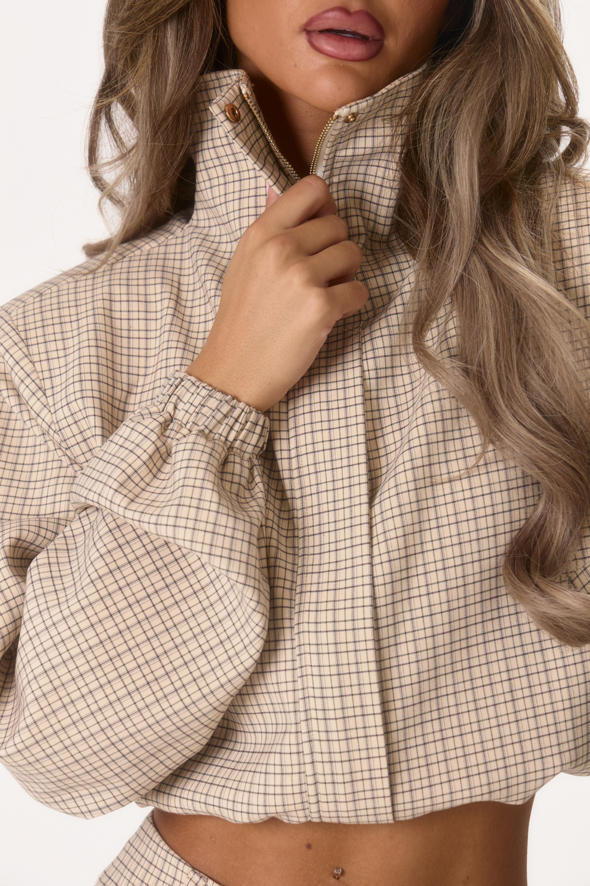 Raya' Funnel Neck Jacket - Cream/Black Check