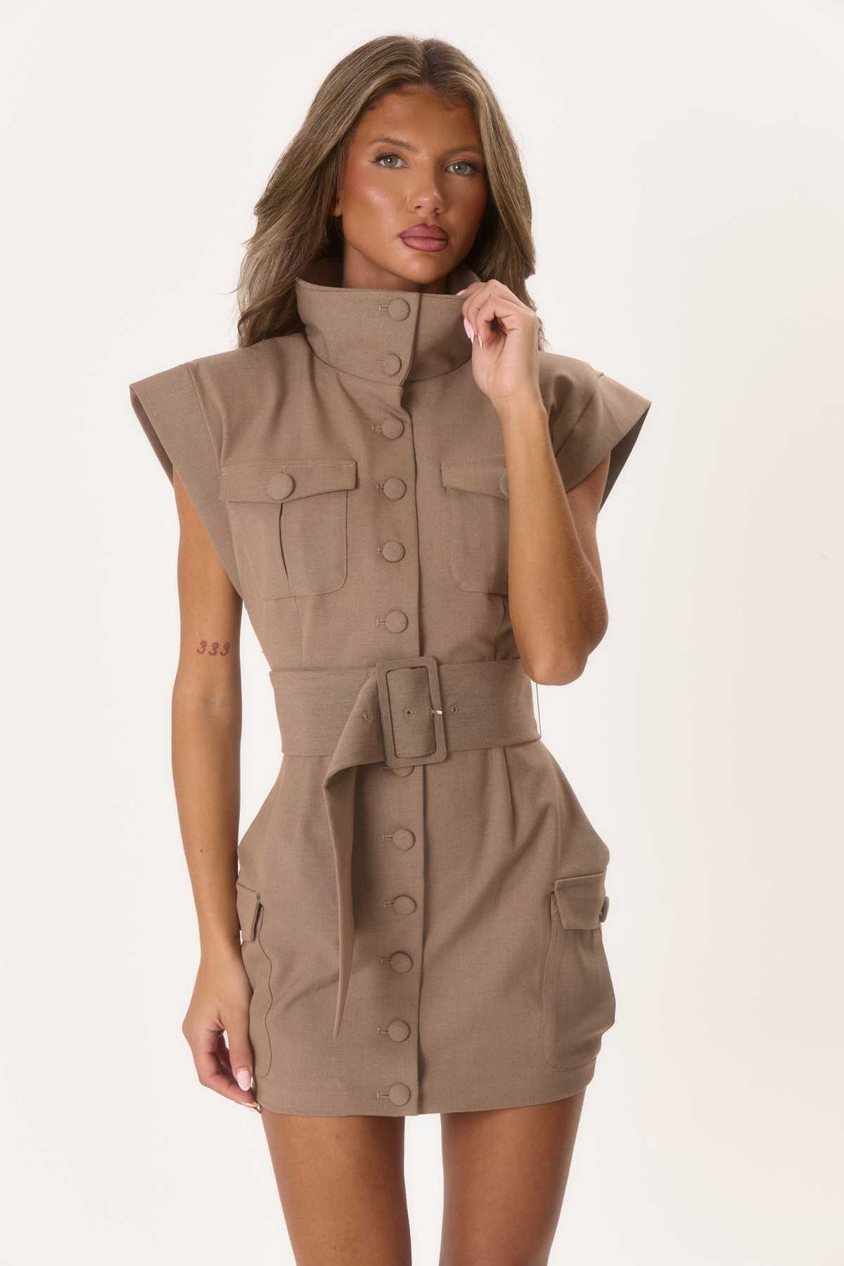 Mabel' Cinch Waist Utility Dress - Beige