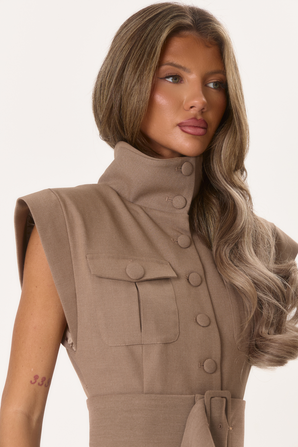 Mabel' Cinch Waist Utility Dress - Beige