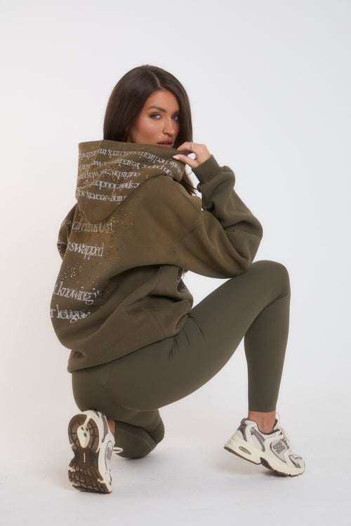 'Our Story' Rhinestone Hoodie - Khaki
