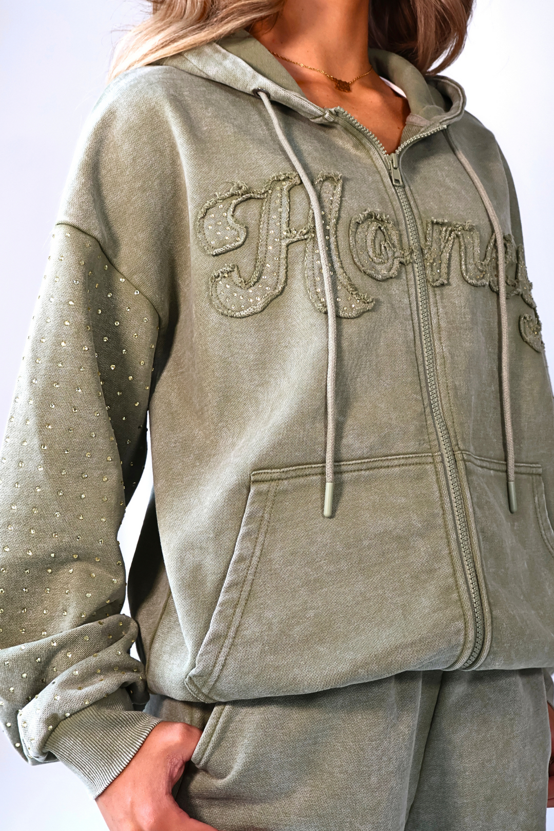 THH Rhinestone Zip Jacket - ‘Honey’ Khaki