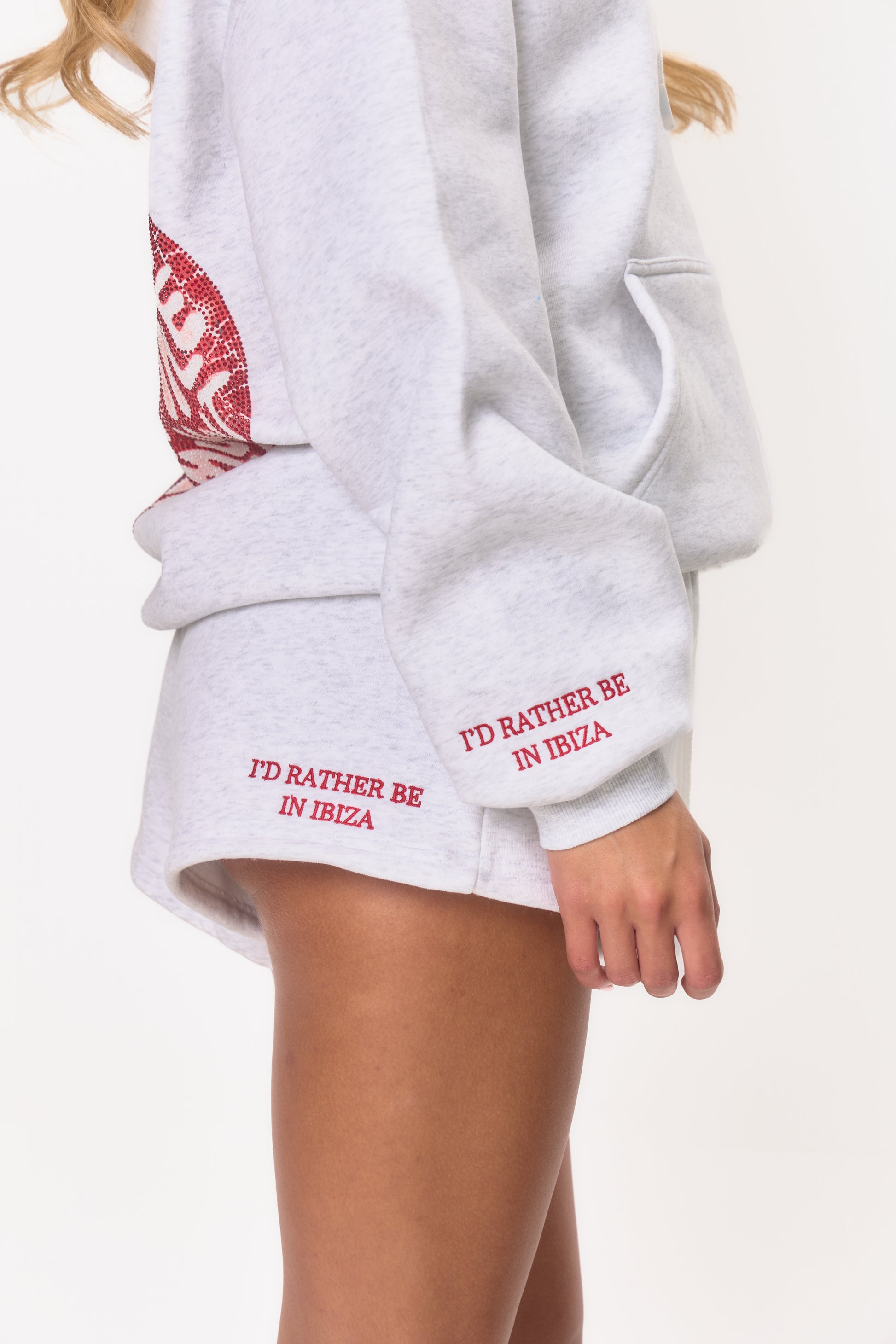 High Waist Slogan Jogger Short - Marl Grey Cherry