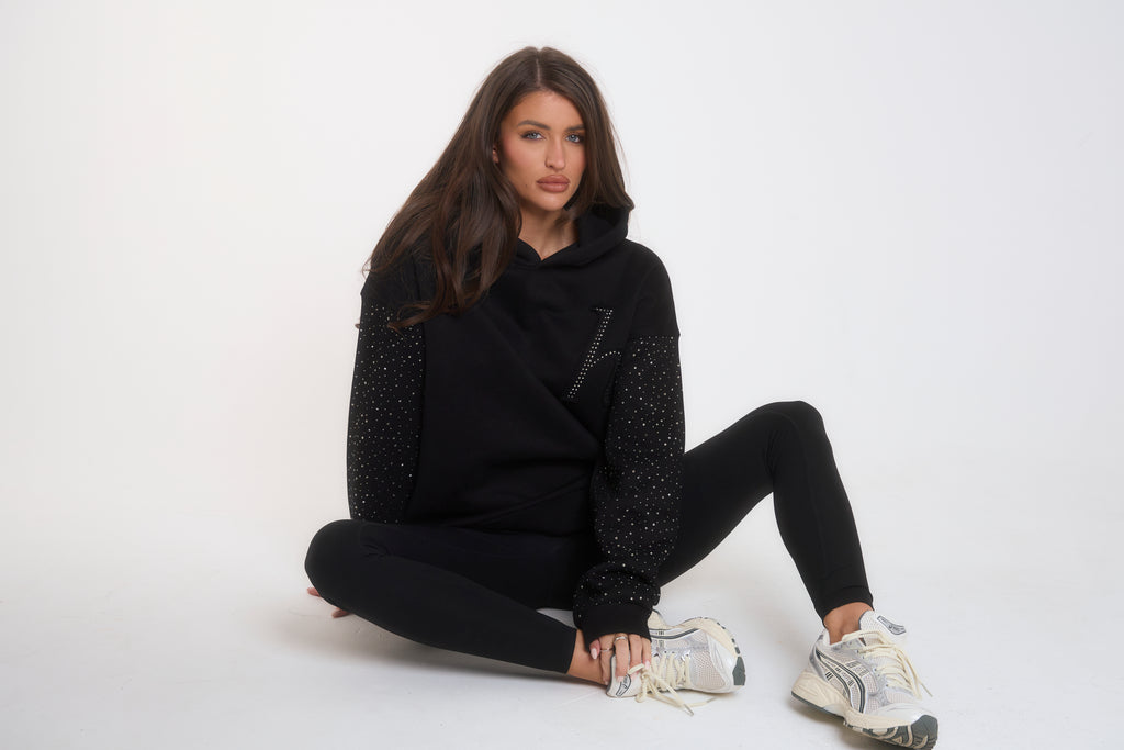 'H' Applique Rhinestone Hoodie - Black