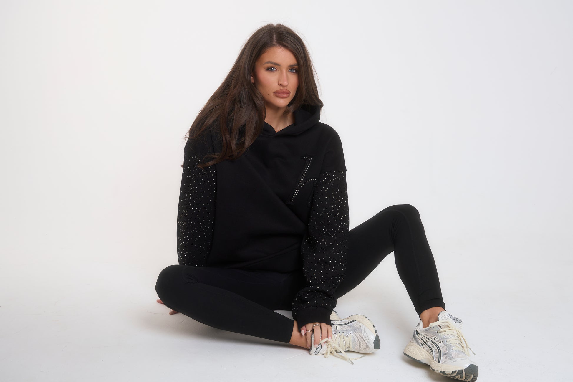 'H' Applique Rhinestone Hoodie - Black