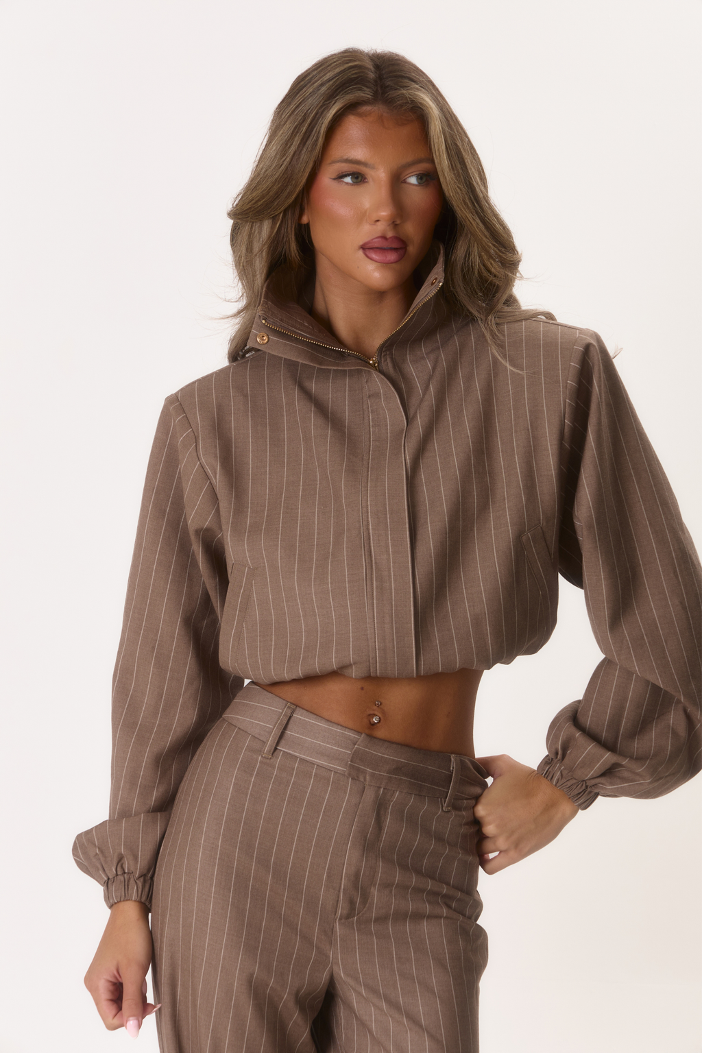 Raya' Funnel Neck Jacket - Beige Pinstripe