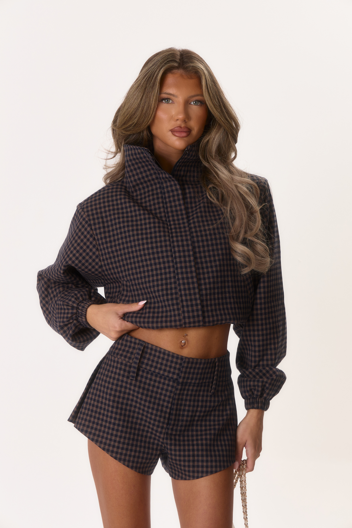 Raya' Funnel Neck Jacket - Navy/Beige Check