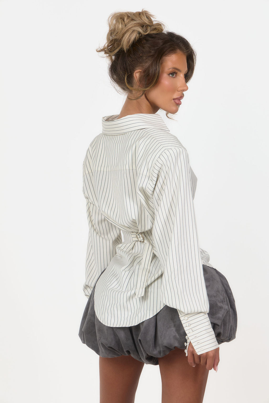 Cinch Waist Shoulder Pad Shirt - White Pinstripe