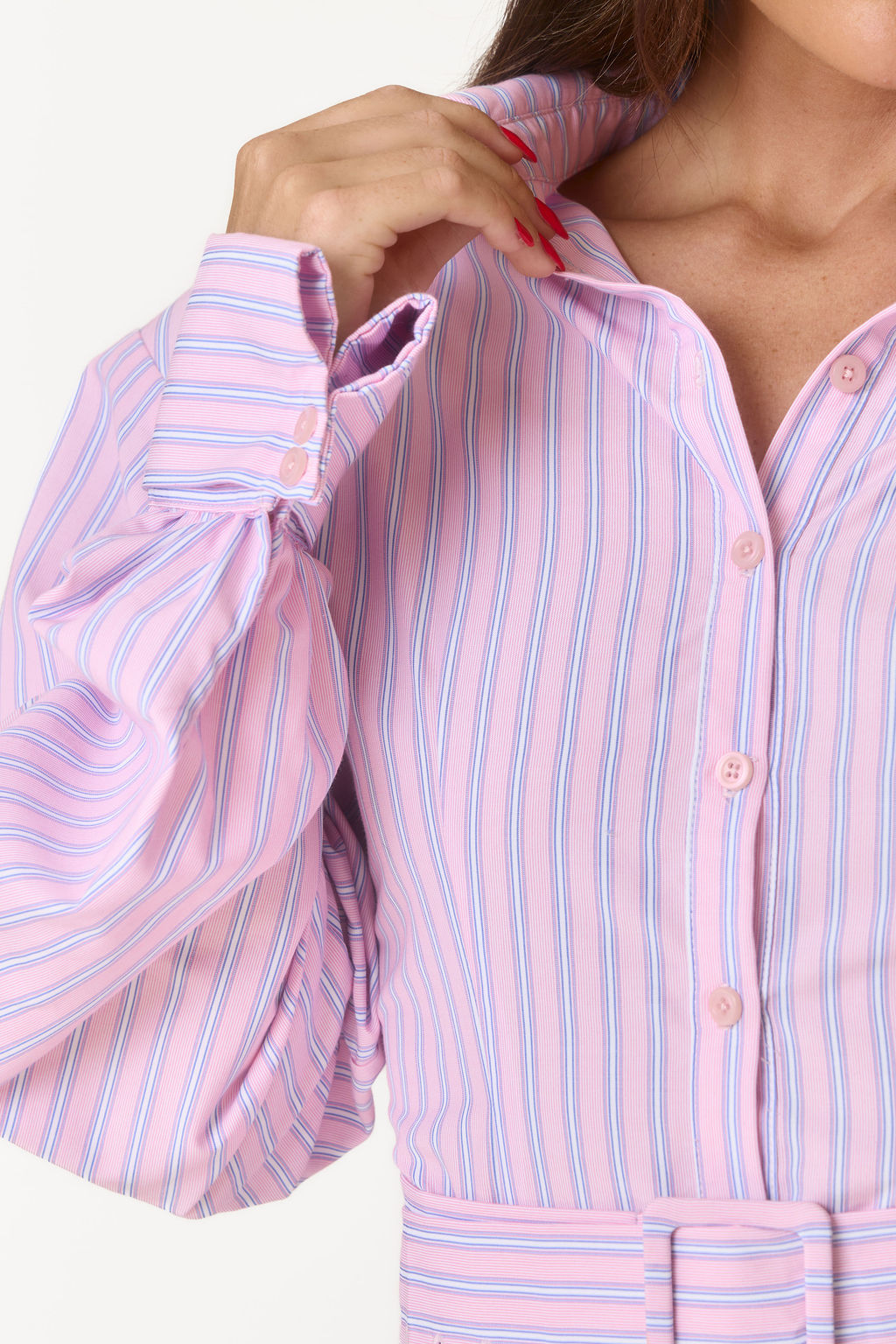 Shoulder Pad Cuff Detail Shirt - Pink Pinstripe