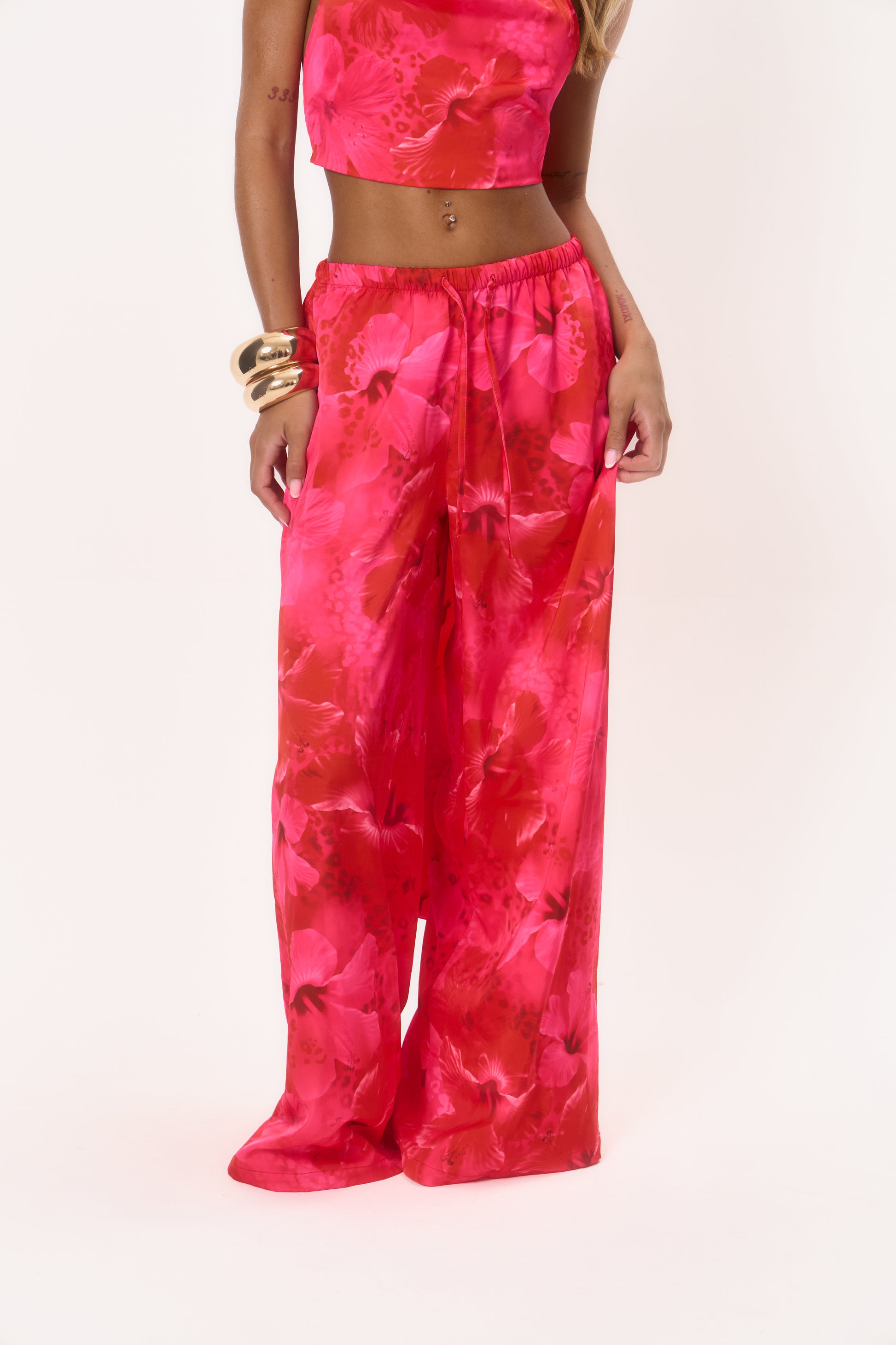Satin Wide Leg Trouser - Red Floral