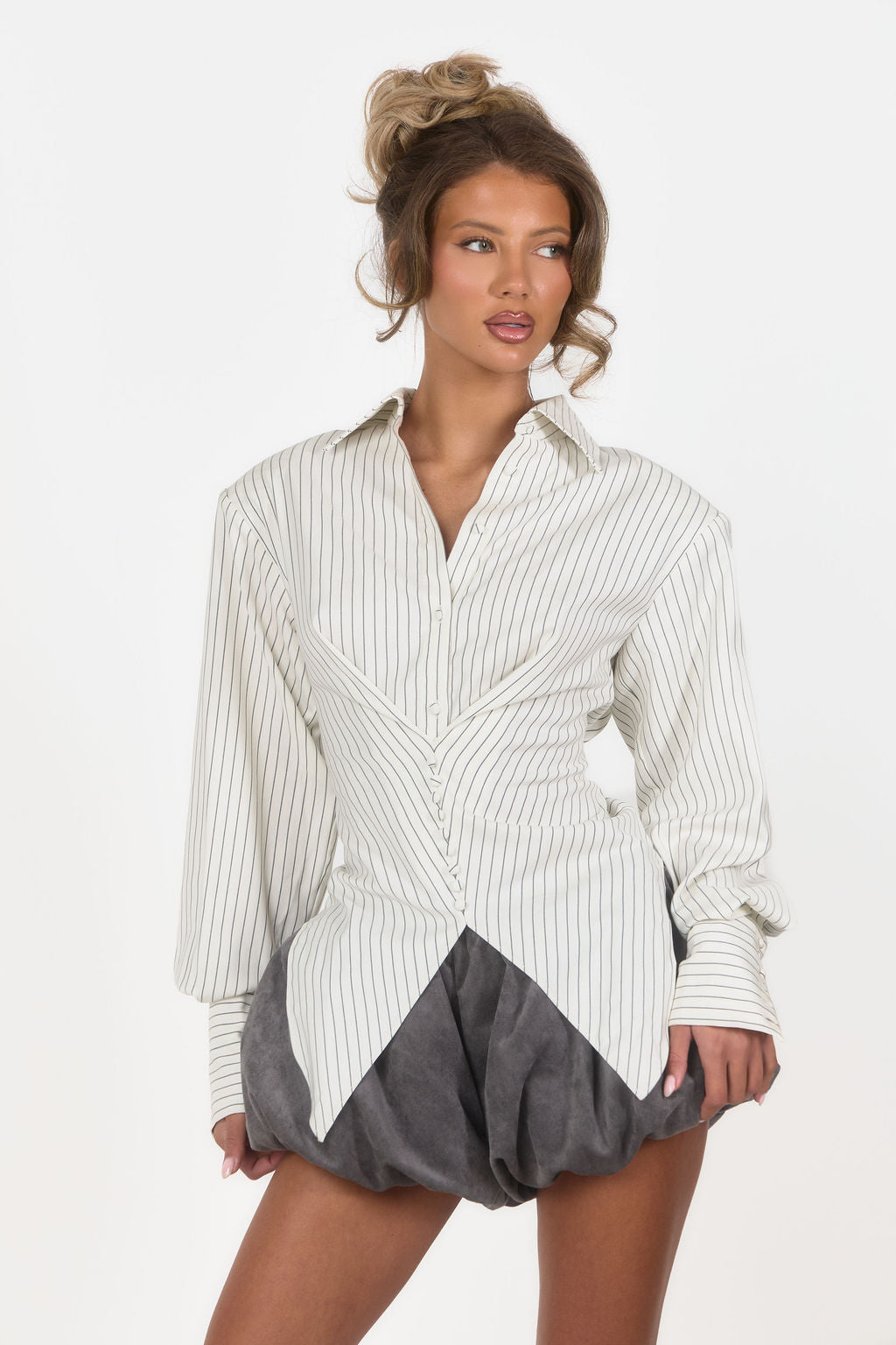 Cinch Waist Shoulder Pad Shirt - White Pinstripe