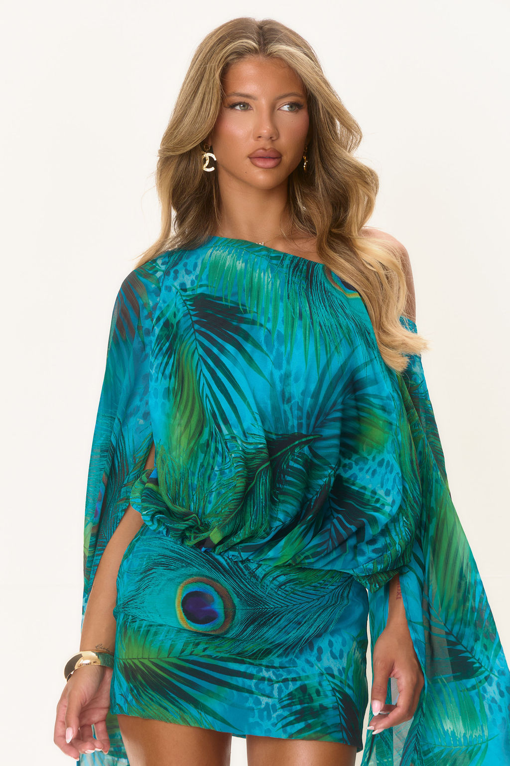 Assym Chiffon Backless Mini Dress - Peacock
