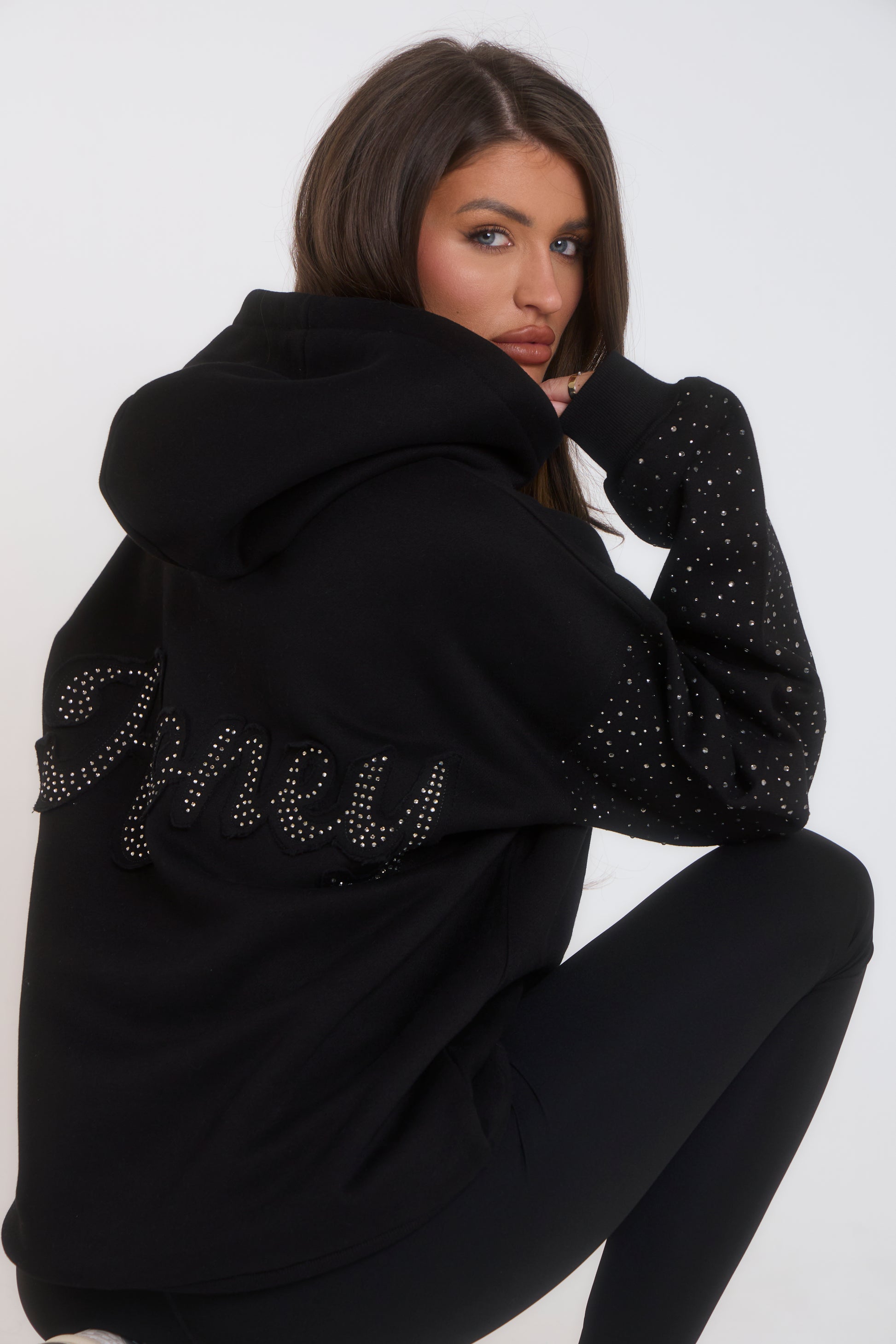 'H' Applique Rhinestone Hoodie - Black
