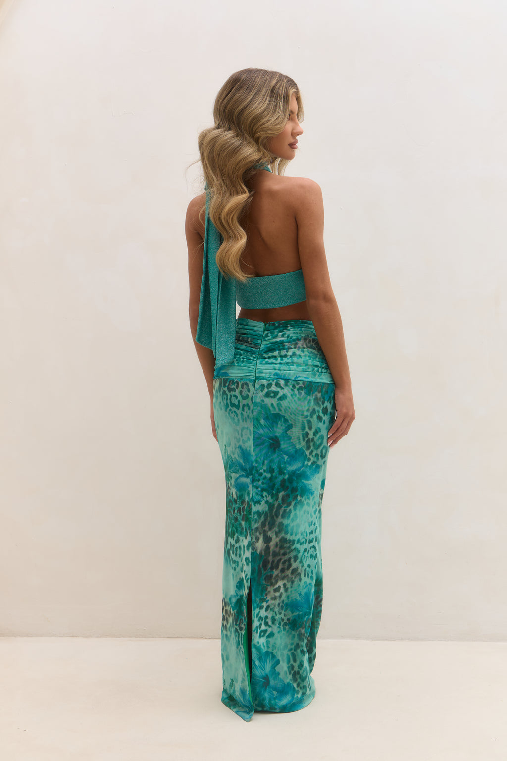 Ruched Waist Maxi Skirt - Turquoise Print