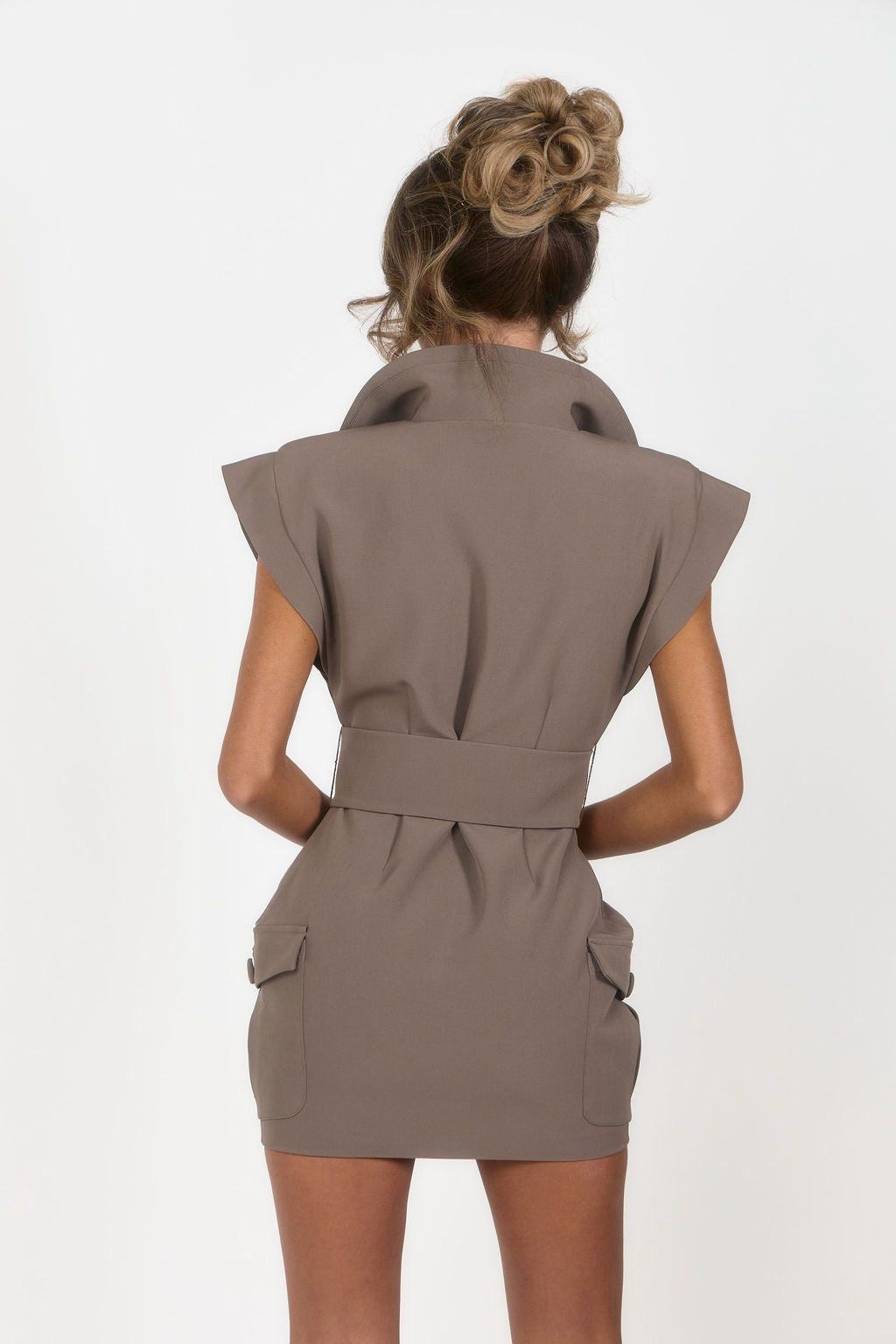 Cinch Waist Utility Dress - Brown