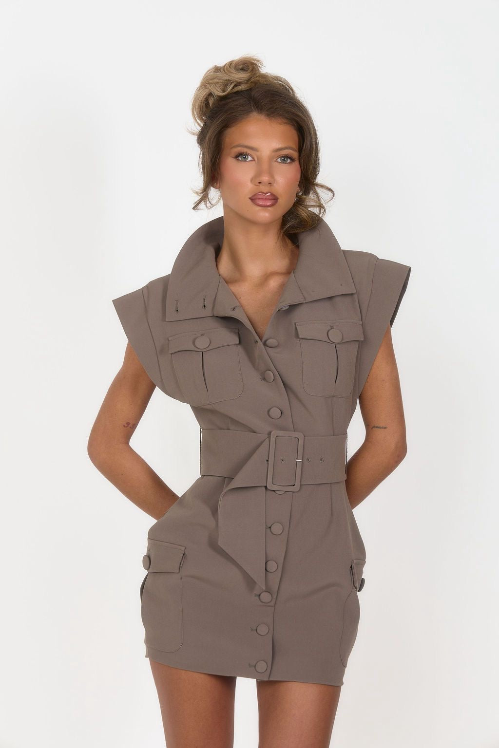 Cinch Waist Utility Dress - Brown