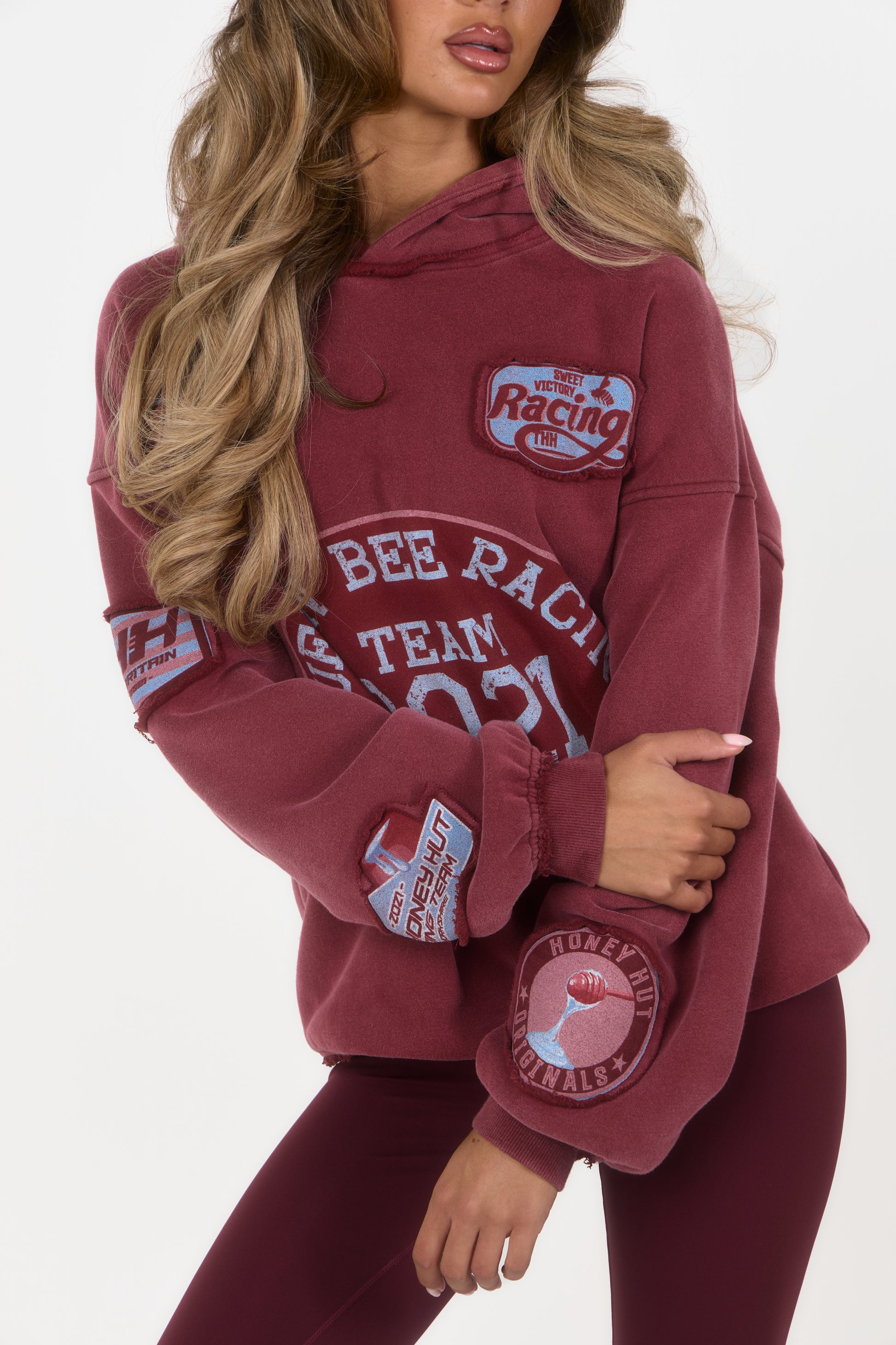 Distressed Badge Hoodie - Burgundy