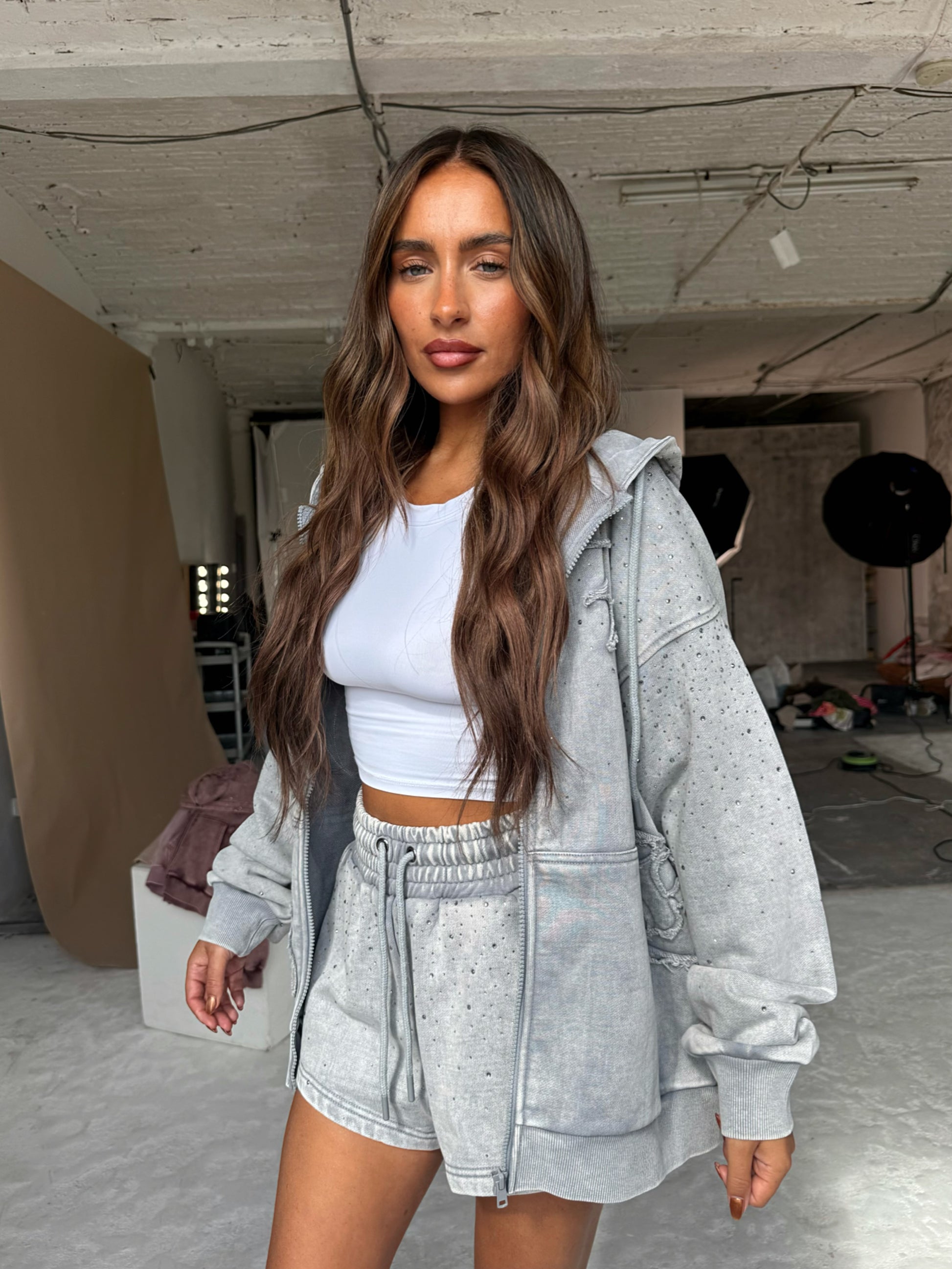 THH Rhinestone Zip Jacket - Grey