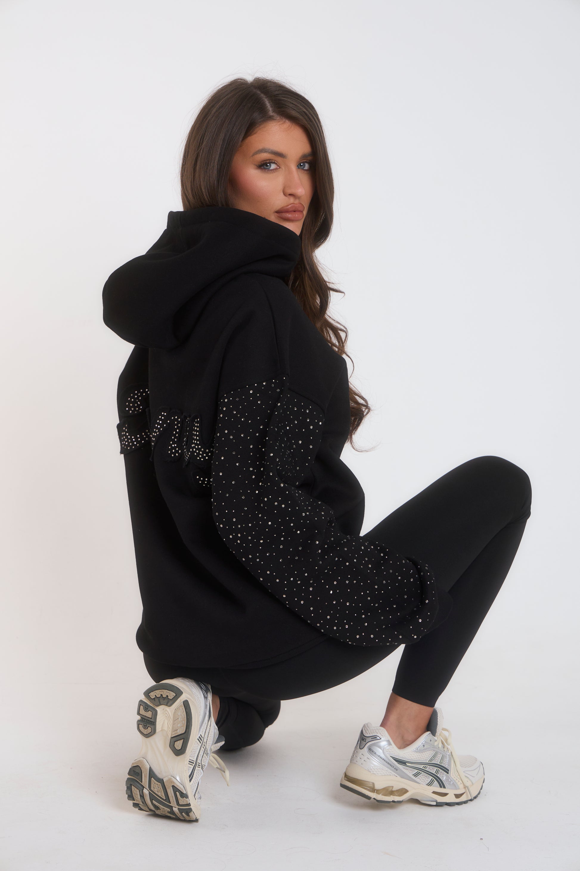 'H' Applique Rhinestone Hoodie - Black