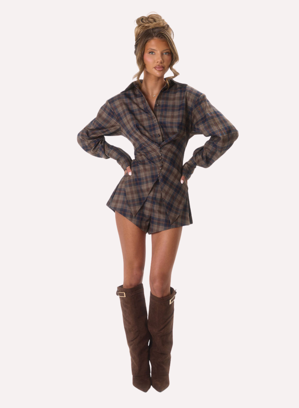 Elle' High Waist Shorts - Blue/Brown Check