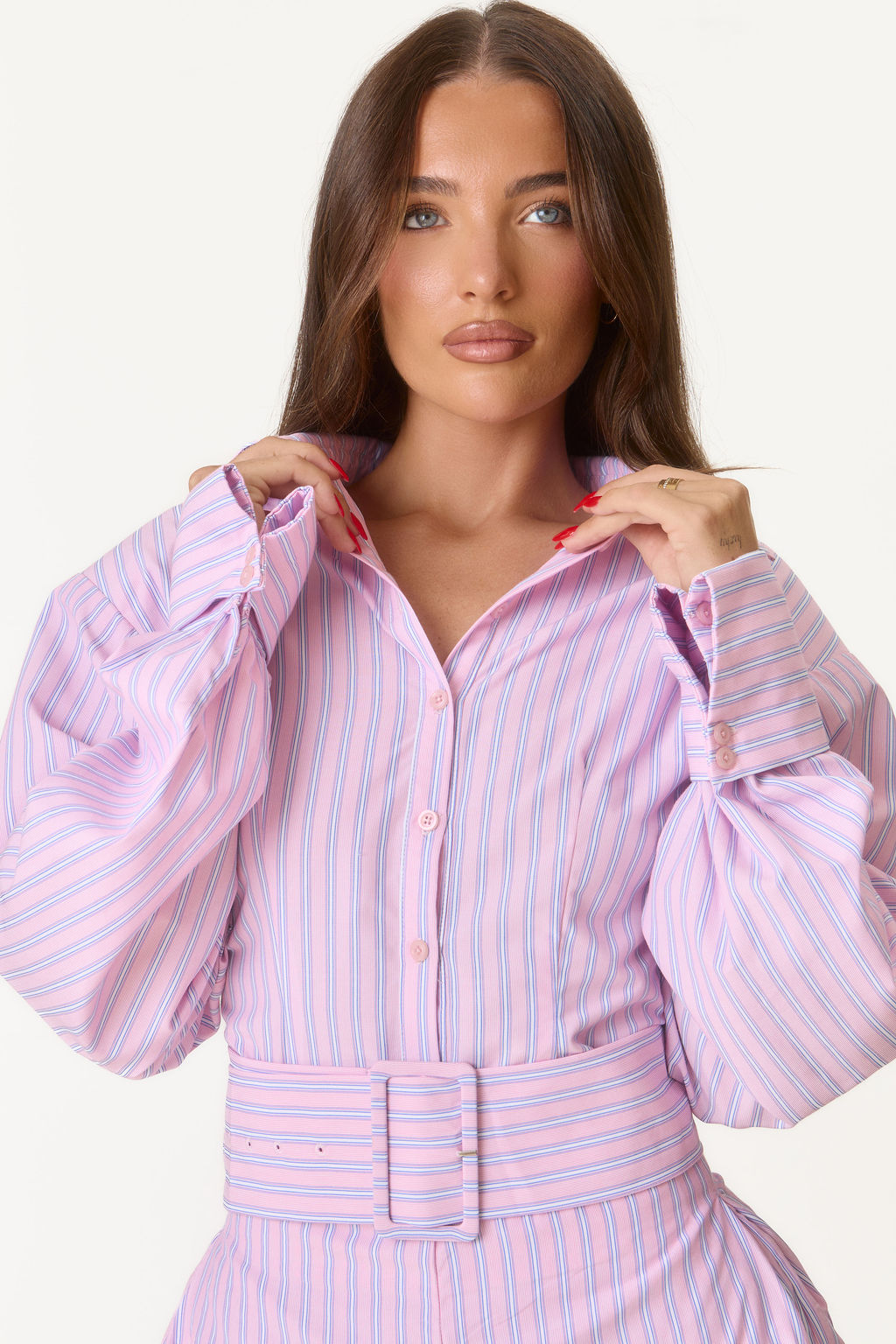 Shoulder Pad Cuff Detail Shirt - Pink Pinstripe