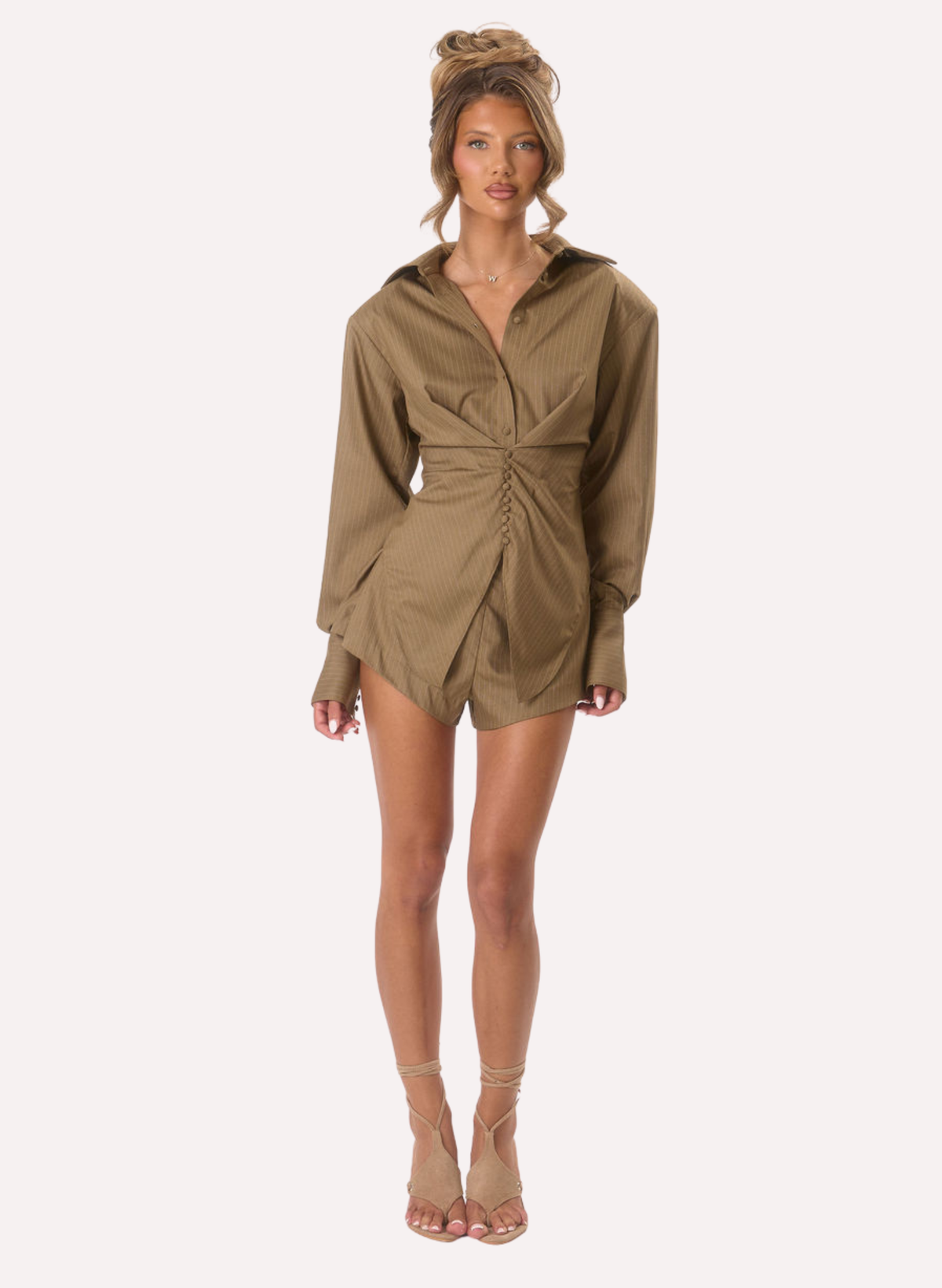 Milan' Cinch Waist Shirt - Taupe Pinstripe