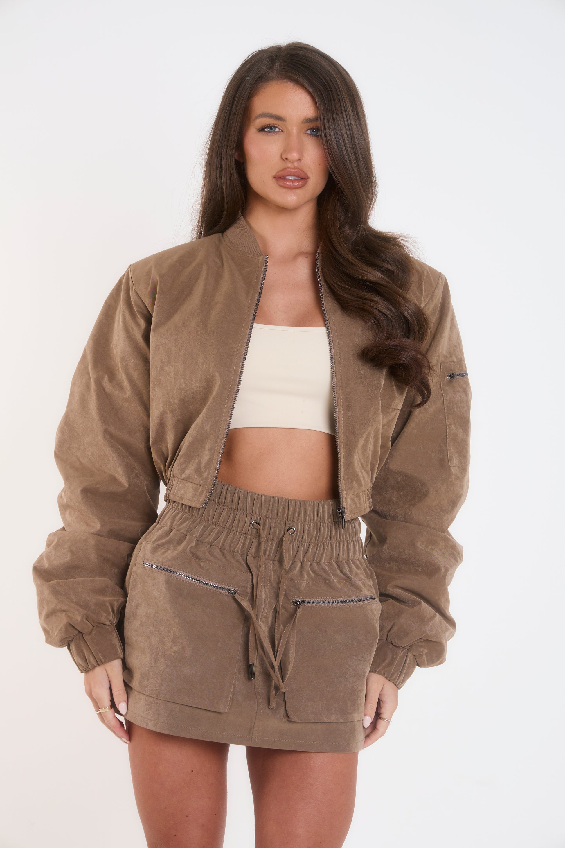 Shoulder Pad Bomber Jacket - Brown