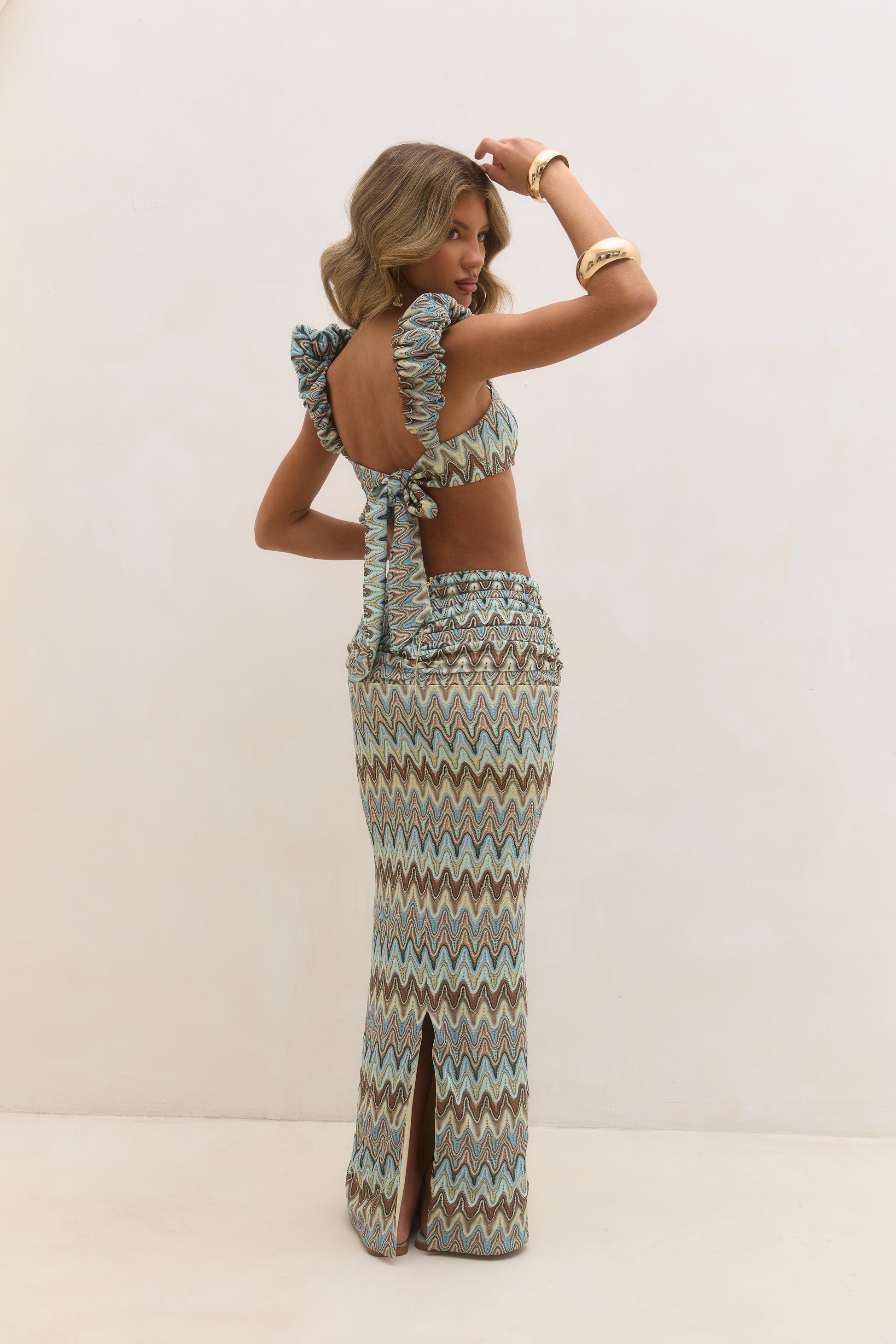 Ruched Waist Maxi Skirt - Blue