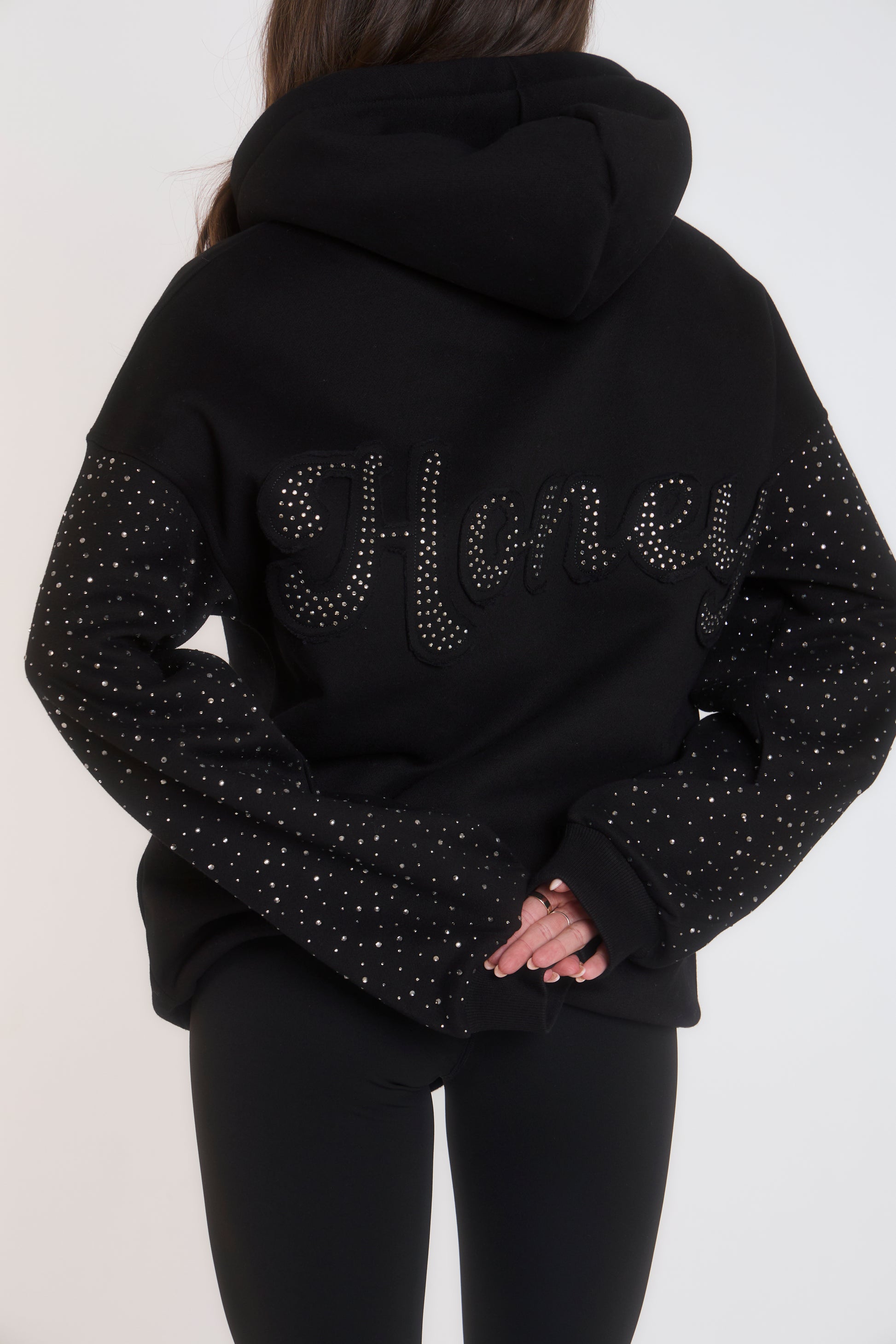 'H' Applique Rhinestone Hoodie - Black