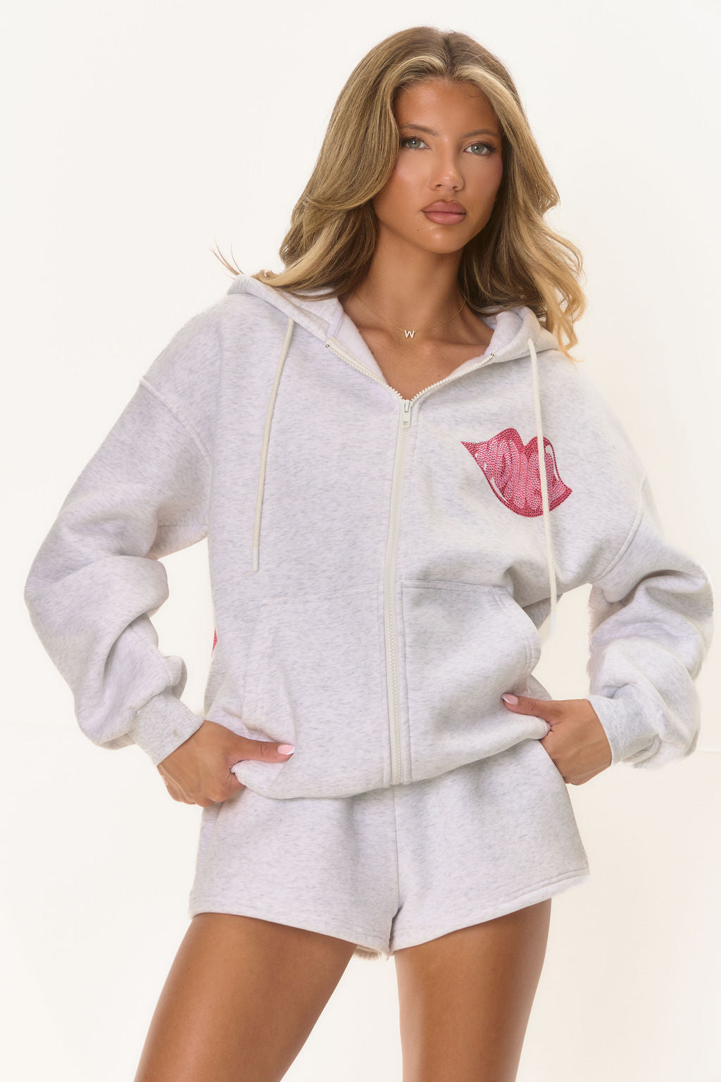 Graphic Rhinestone Zip Jacket - Marl Grey Honey