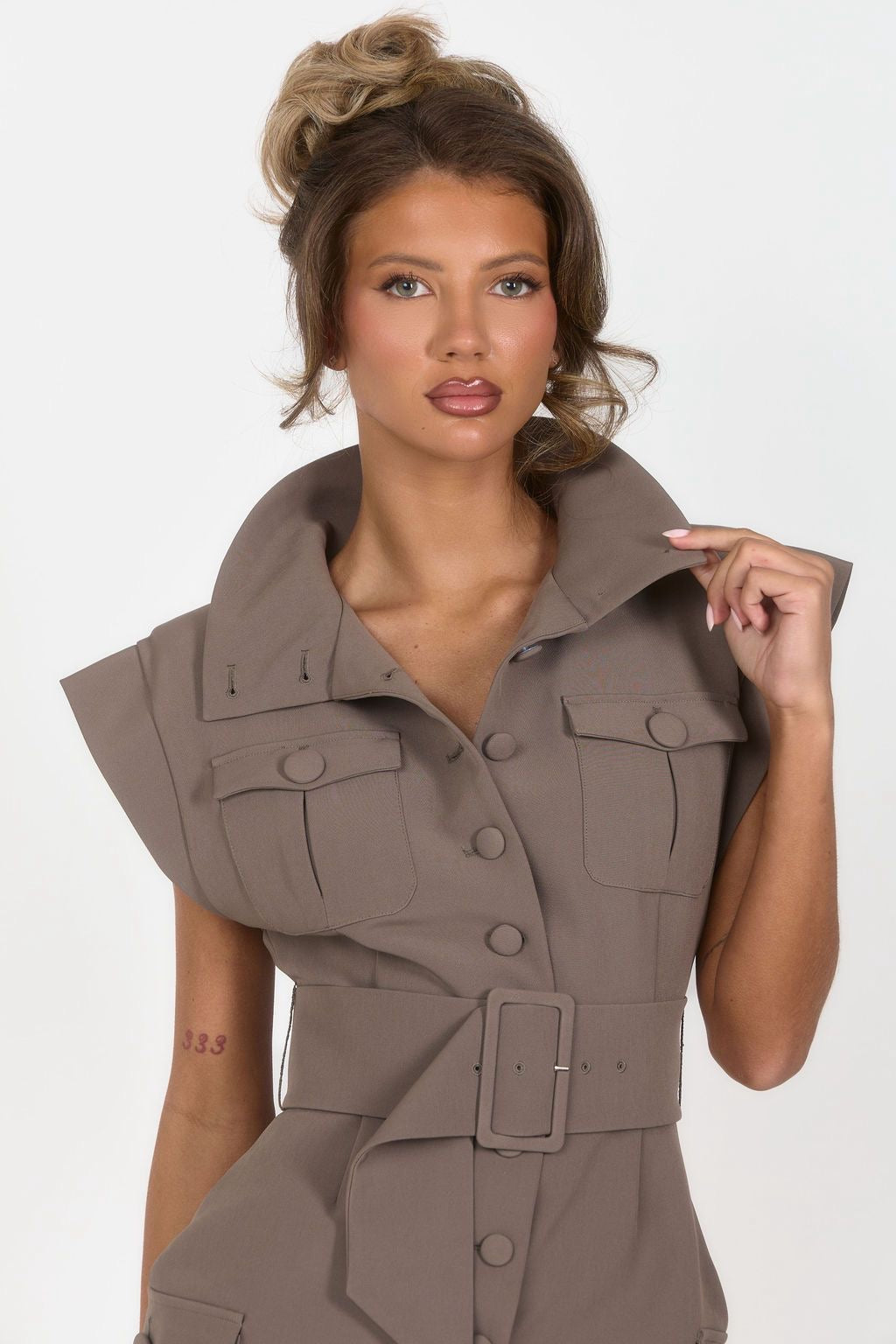 Cinch Waist Utility Dress - Brown