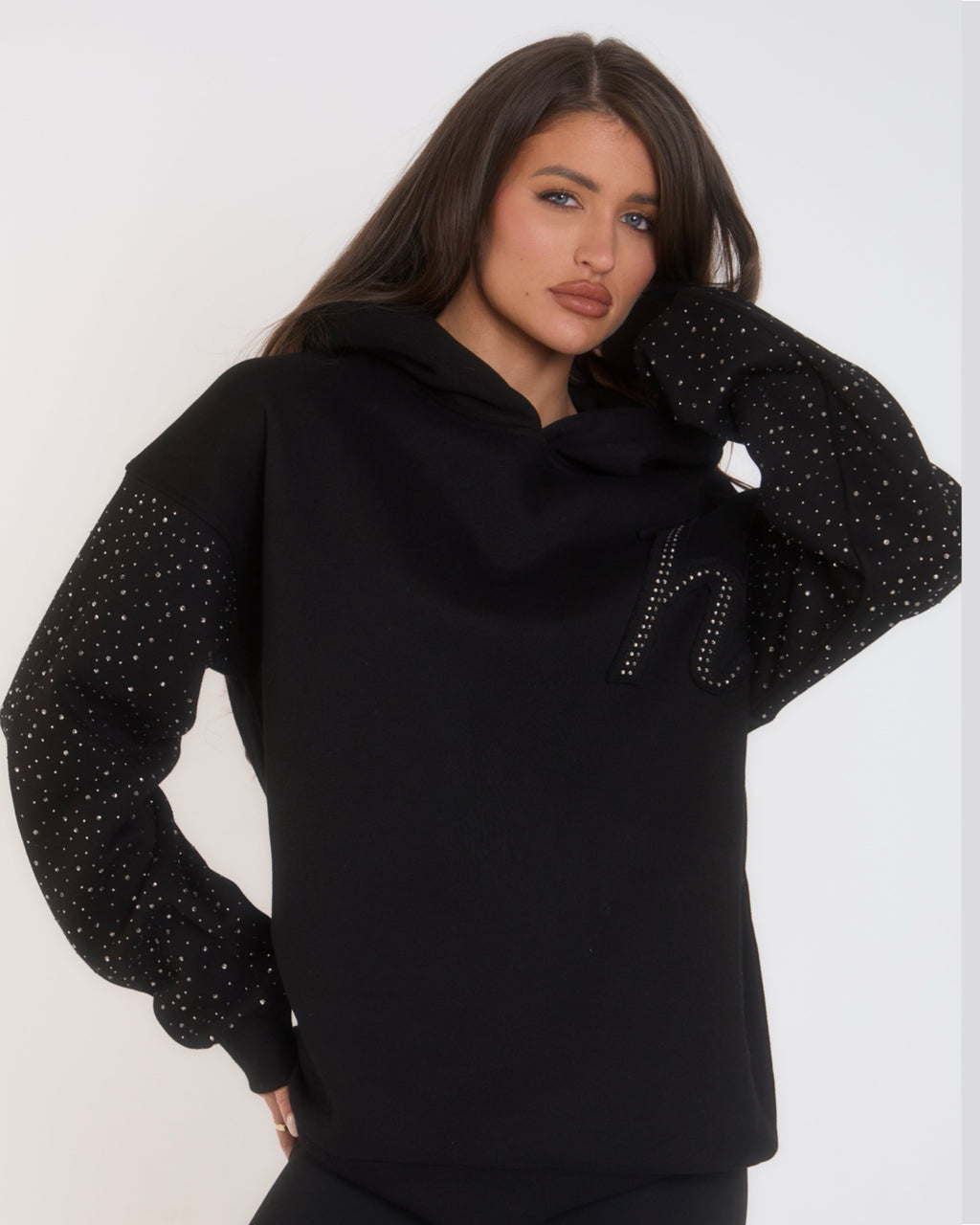 'H' Applique Rhinestone Hoodie - Black