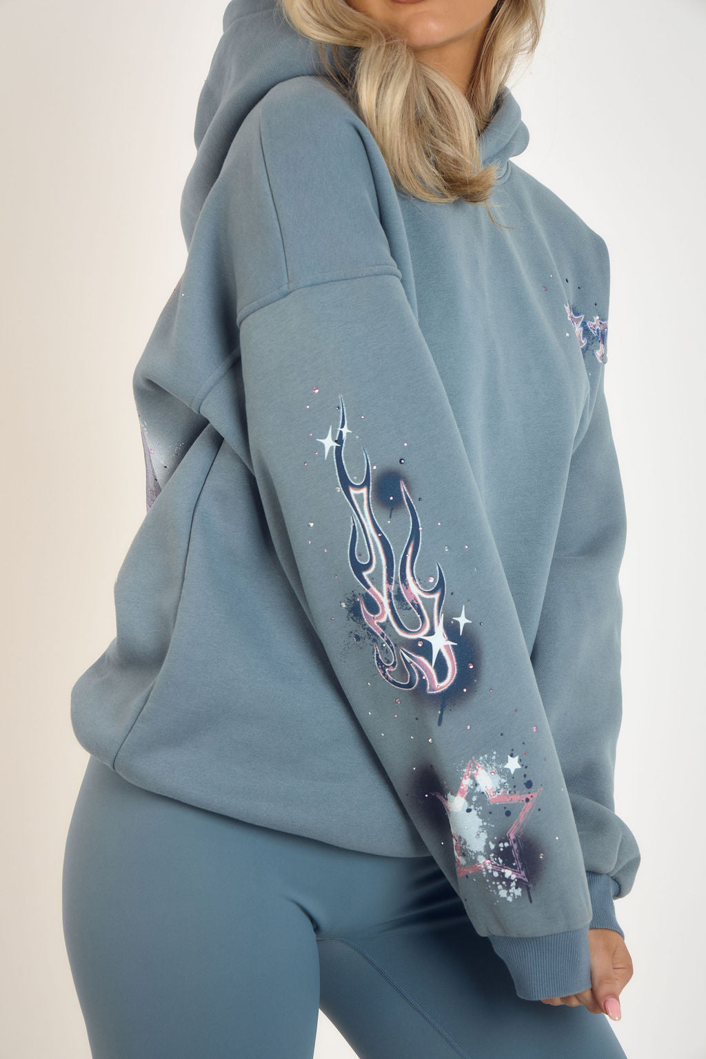Graphic & Rhinestone Hoodie - Blue